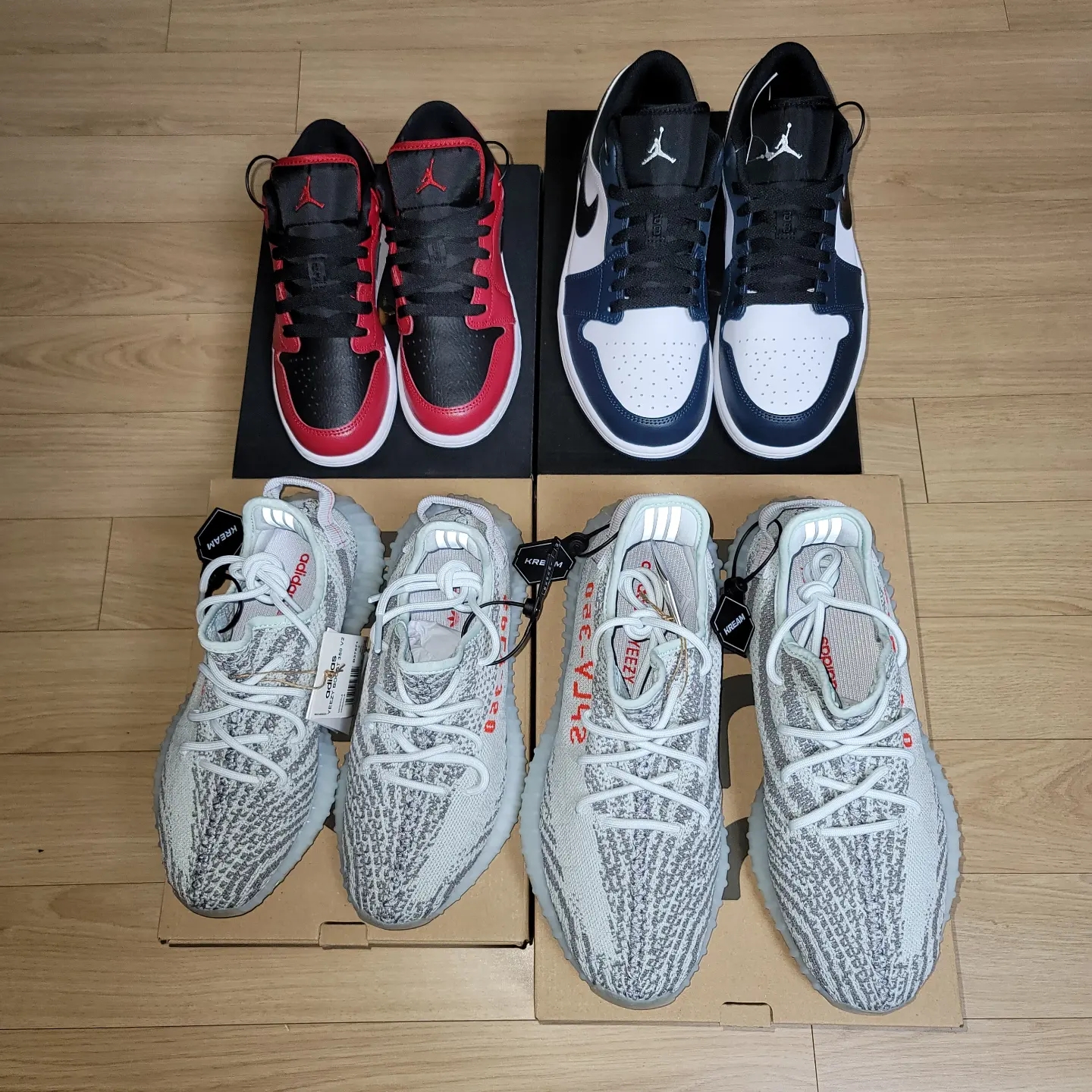 Adidas Yeezy Boost 350 V2 Blue Tint 2017, Jordan 1 Low Green Toe 착용 스타일