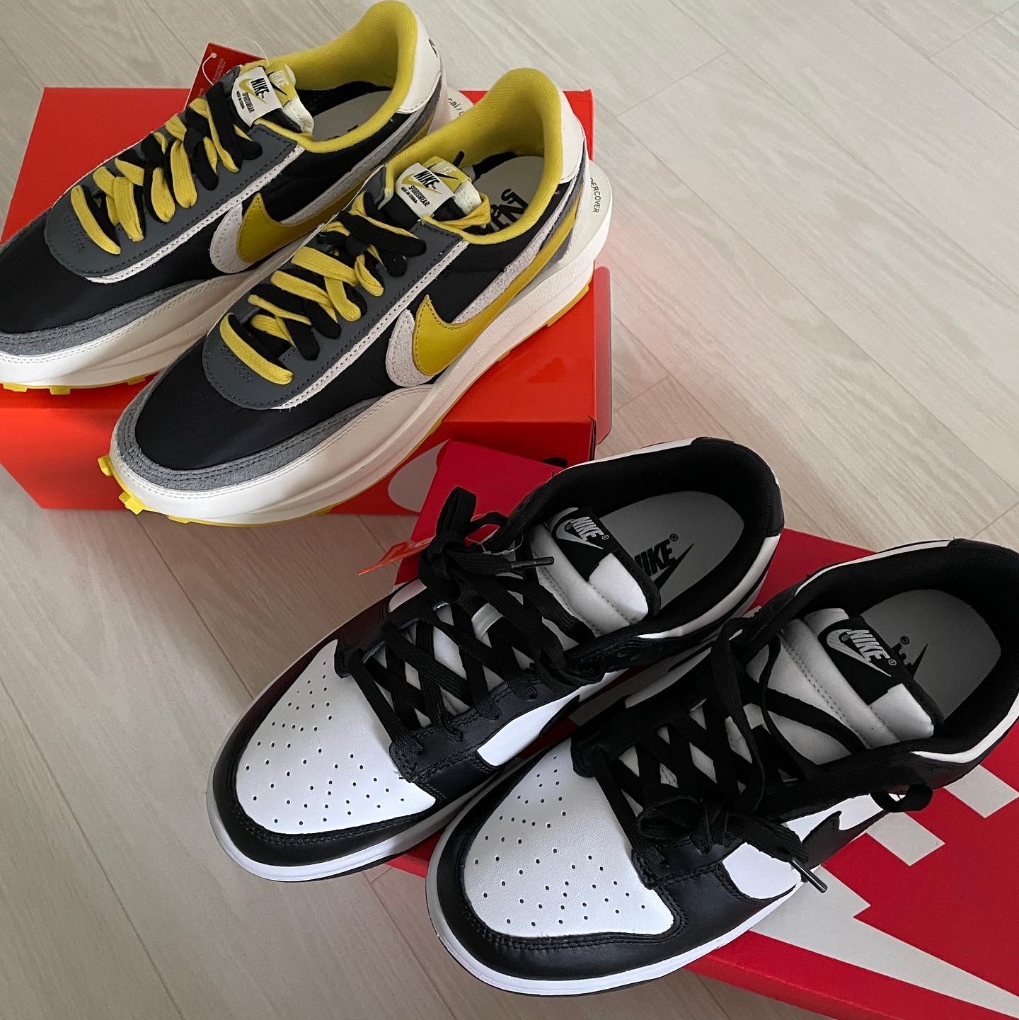 Nike Dunk Low Retro Black, Nike x Sacai x Undercover LDWaffle Black Bright Citron 착용 스타일 - 1