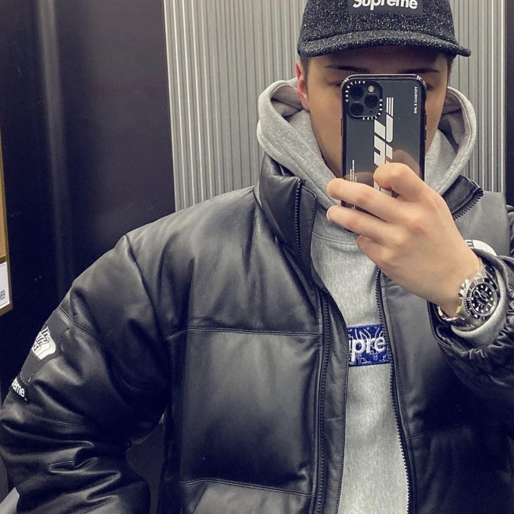Supreme Bandana Box Logo Hooded Sweatshirt Heather Grey - 19FW, Supreme x The North Face Leather Nuptse Jacket Black - 17FW 착용 스타일 - 1