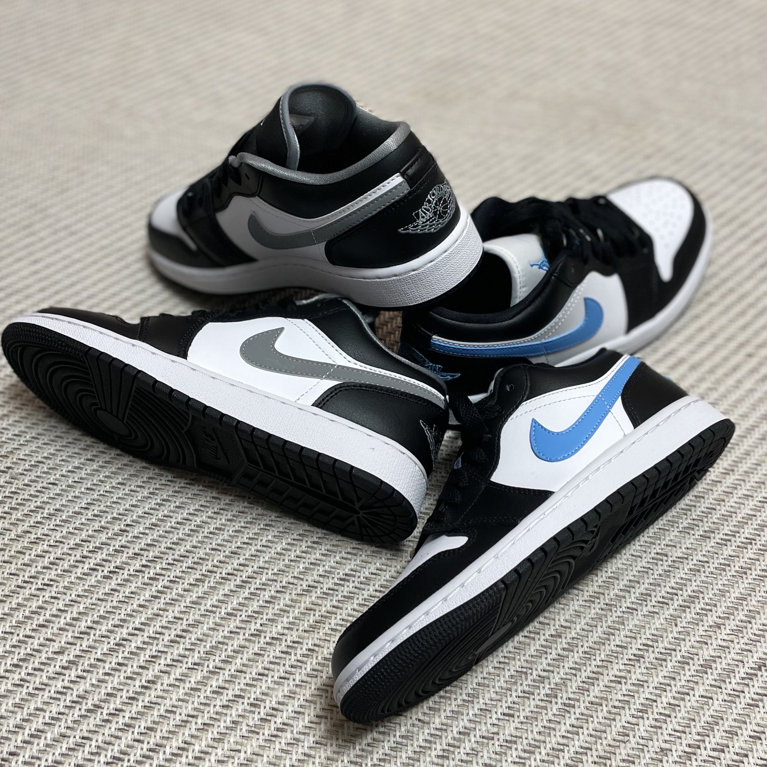 (W) Jordan 1 Low Black University Blue, (GS) Jordan 1 Low Black Particle Grey 착용 스타일 - 3