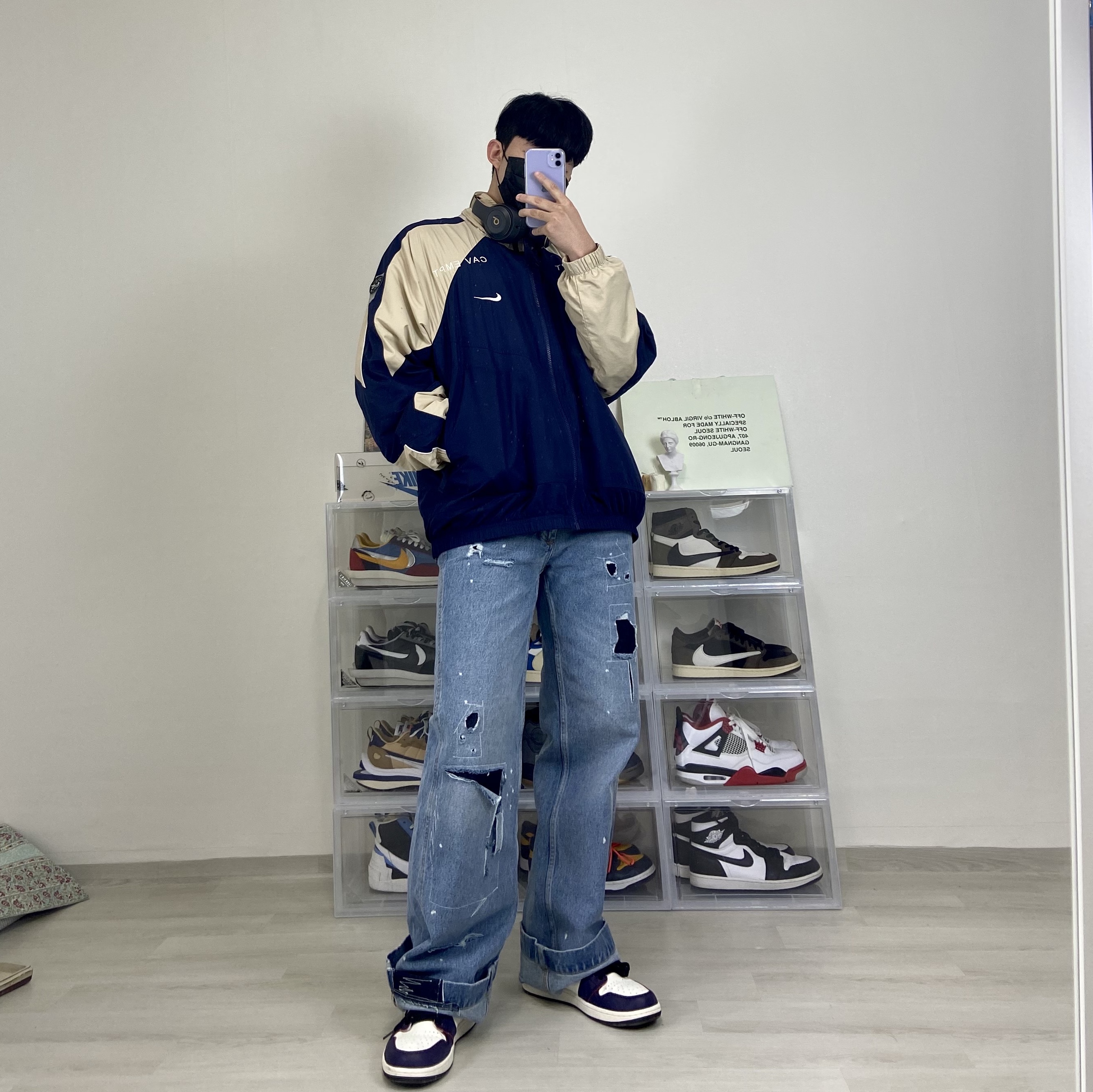 Jordan 1 Retro High OG Defiant SB LA to Chicago, Zara x Ader Error Patchwork Jeans Blue 착용 스타일