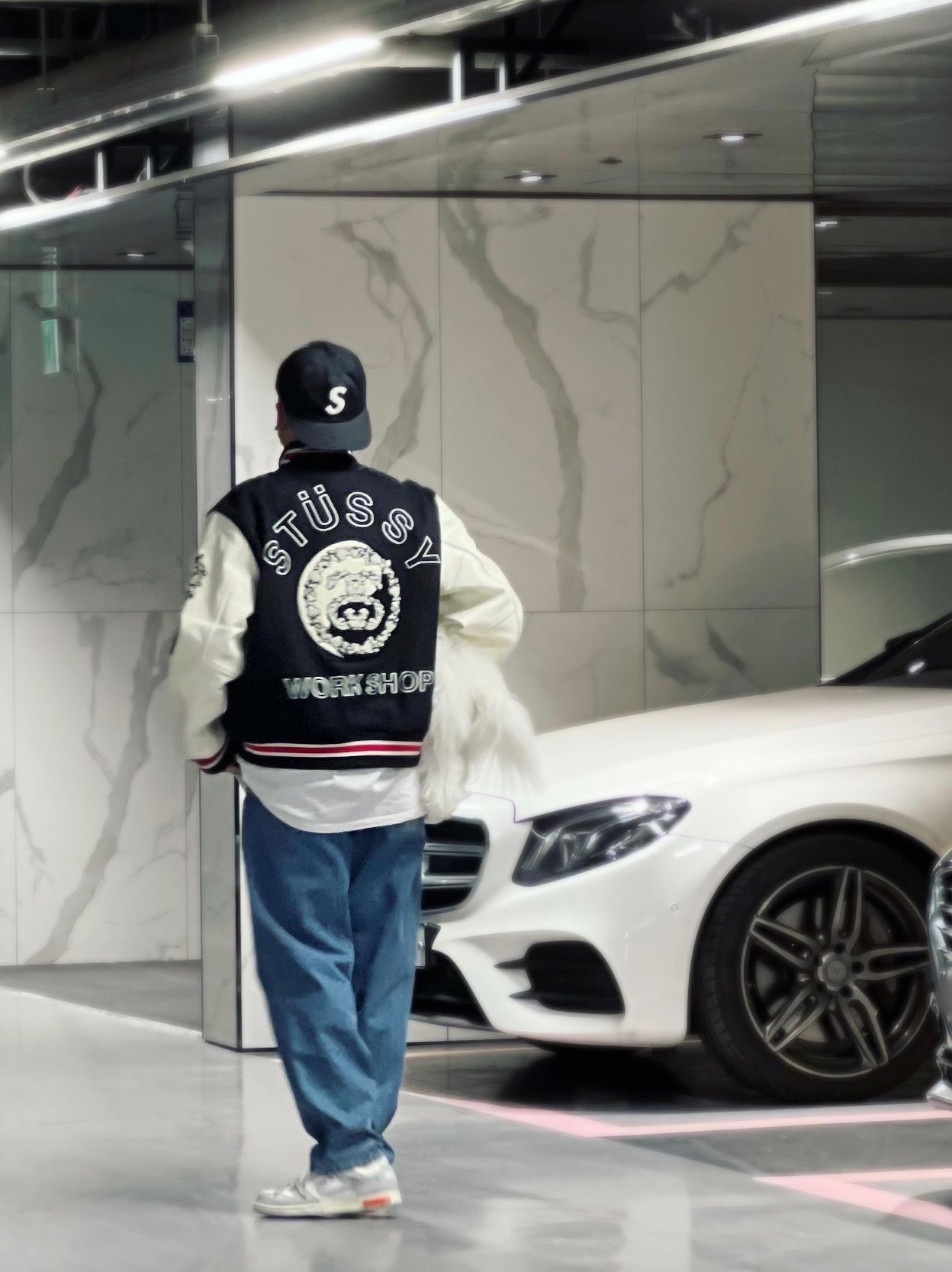 Stussy x Our Legacy x Denim Tears TTL Varsity Jacket Black, Nike x Off-White Dunk Low The 50 - Lot 46 착용 스타일 - 1