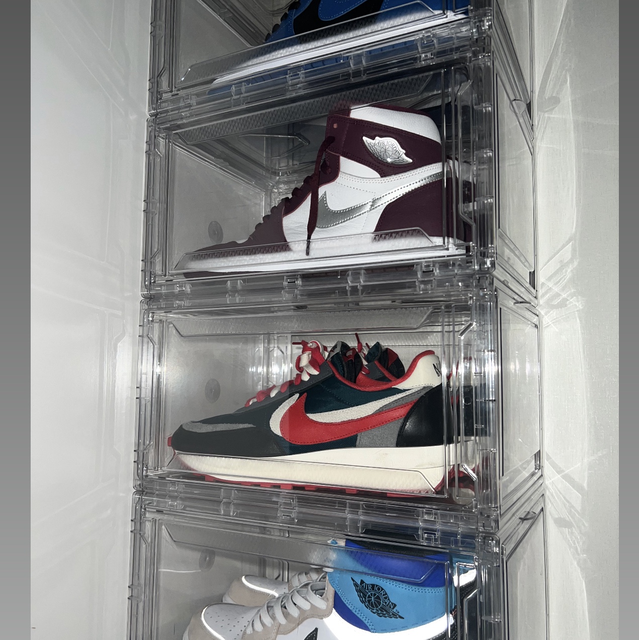 Jordan 1 Retro High OG Dark Marina Blue, Nike x Sacai x Undercover LDWaffle Midnight Spruce University Red 착용 스타일
