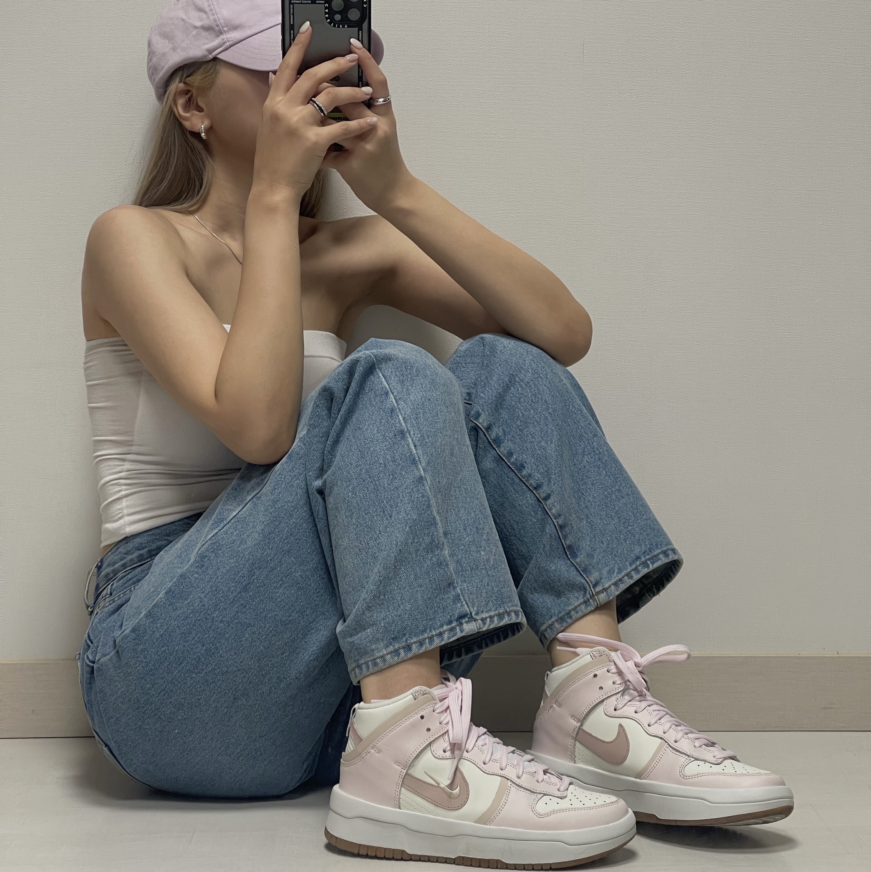 (W) Nike Dunk High Up Pink Oxford 착용 스타일
