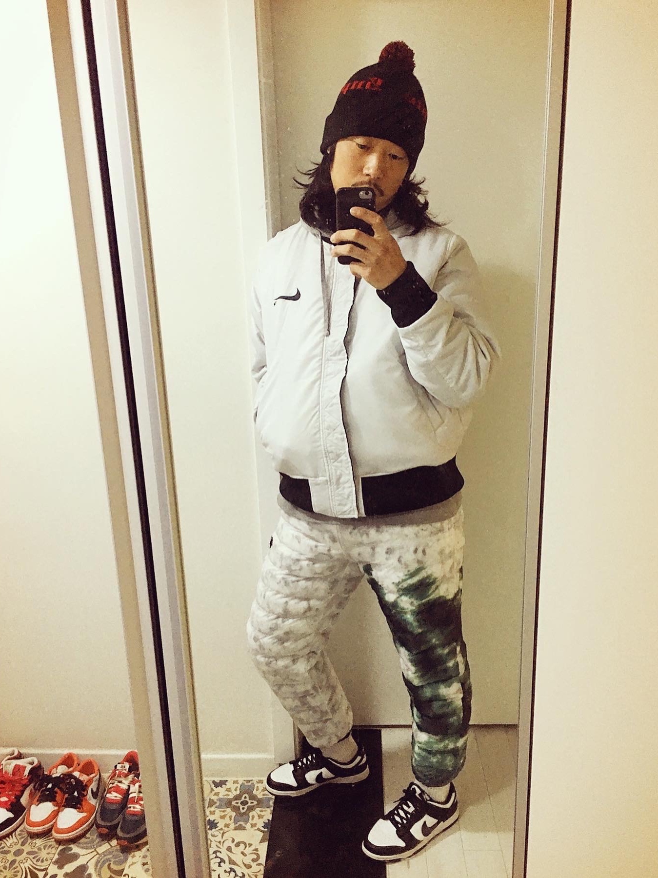 Nike NSW Swoosh Therma-Fit Bomber Black - Asia, Nike x Stussy Insultd Pants White Gorge Green - Asia 착용 스타일 - 1