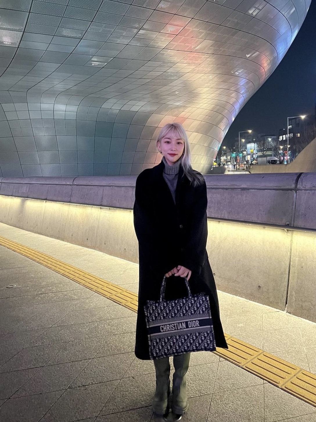 Dior Medium Book Tote Blue Dior Oblique Embroidery 착용 스타일 - 1