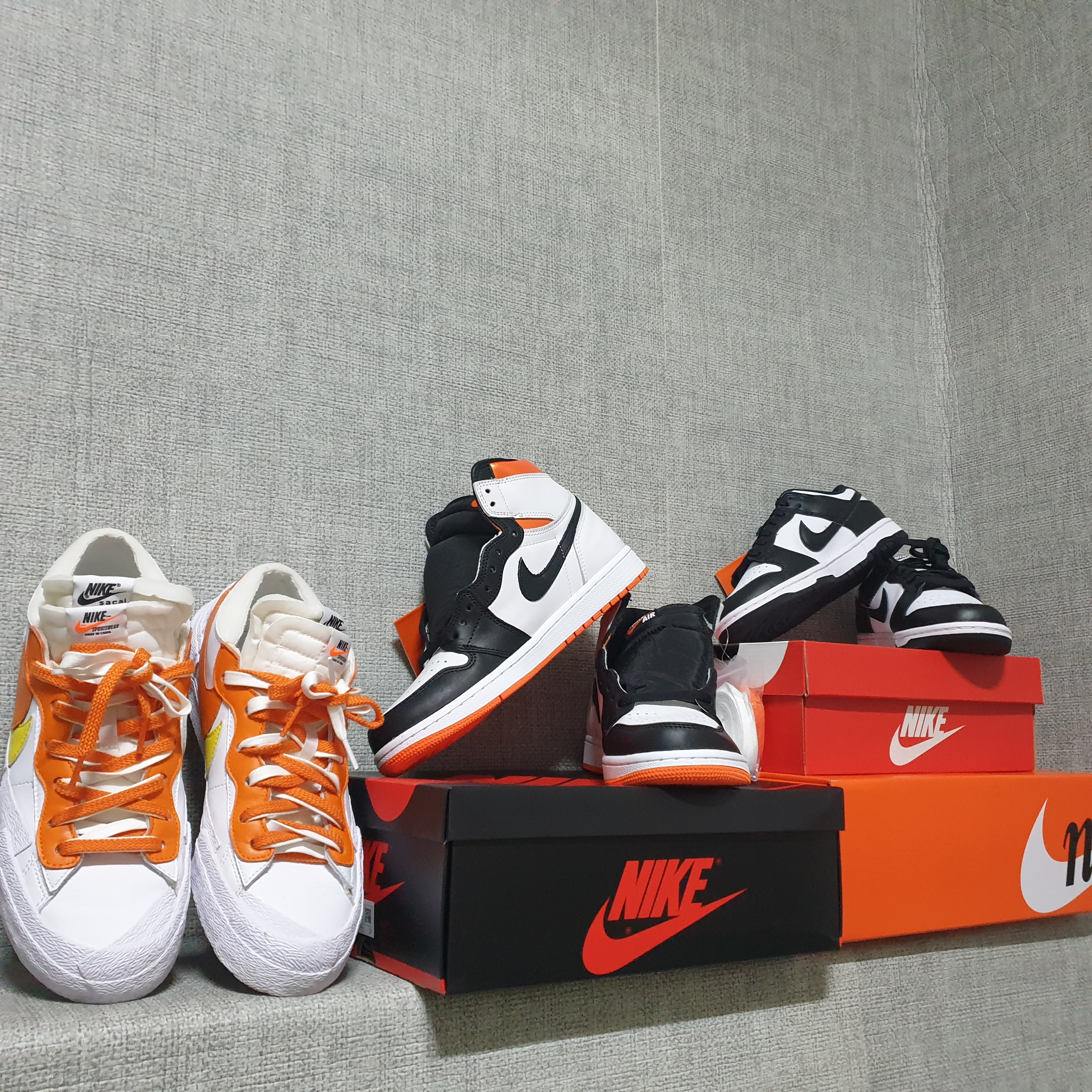 Nike x Sacai Blazer Low Magma Orange, Jordan 1 Retro High OG Electro Orange 착용 스타일 - 1