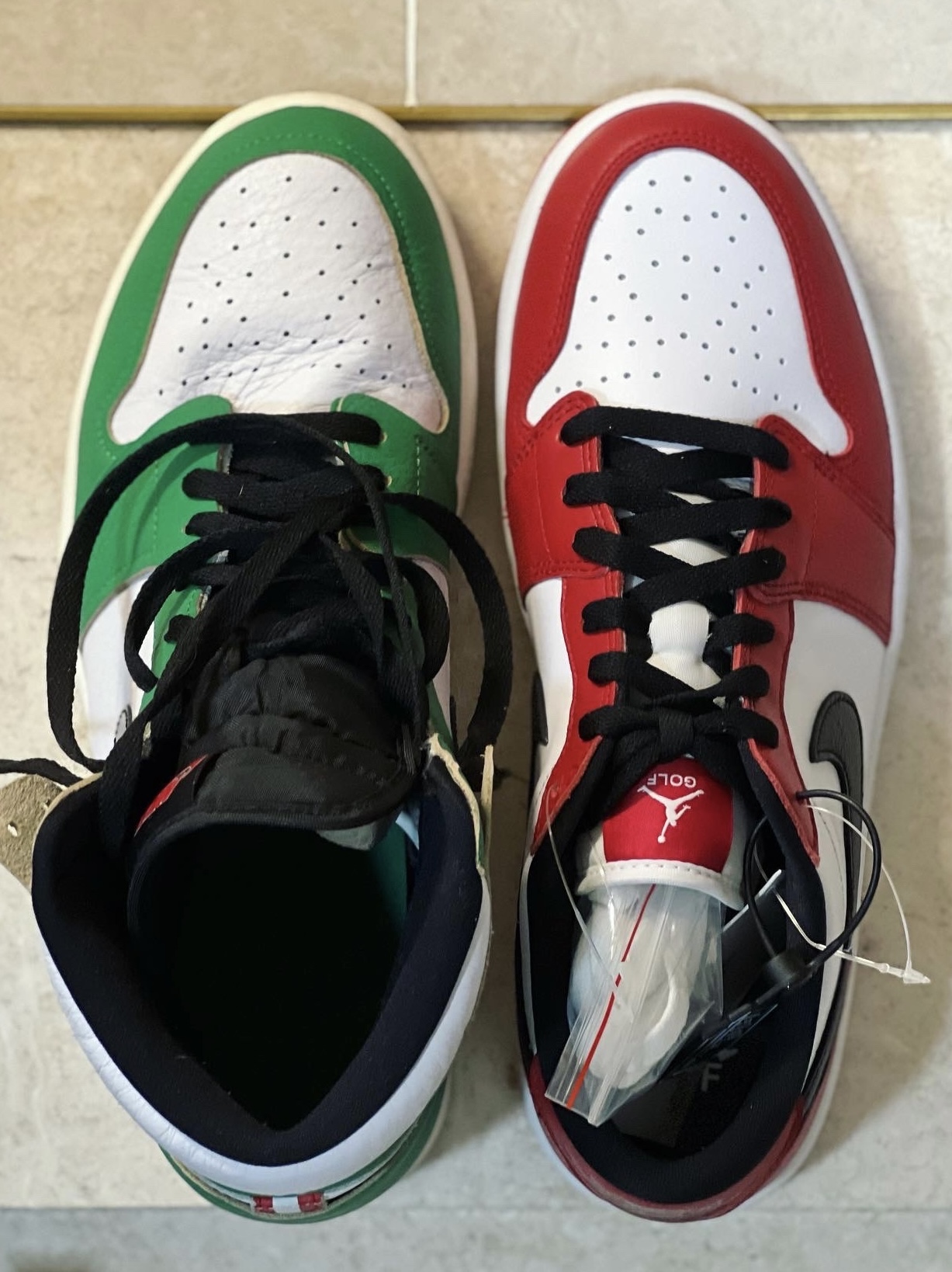 (W) Jordan 1 Retro High OG Lucky Green, Jordan 1 Low Golf Chicago 착용 스타일 - 1