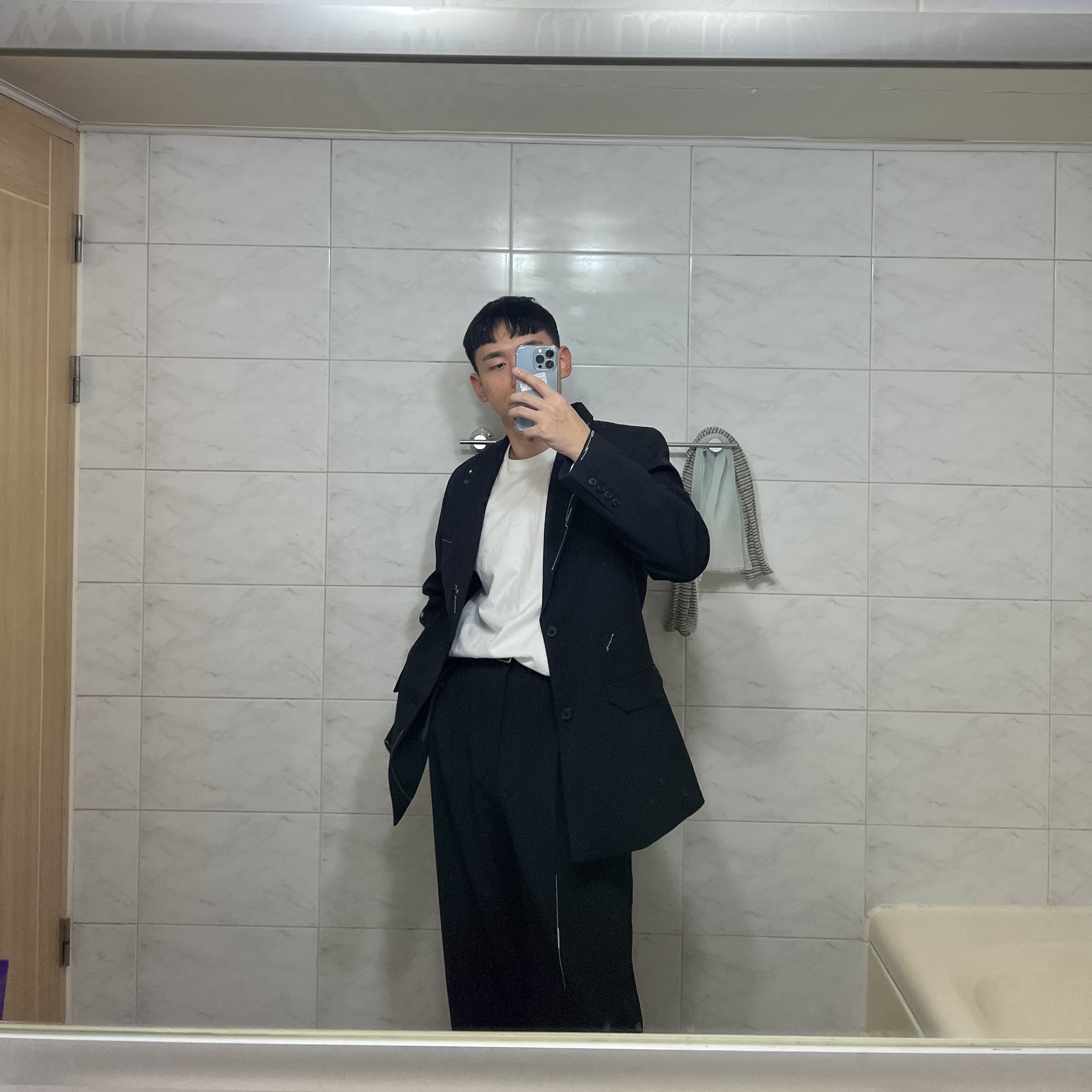 Zara x Ader Error Oversized Blazer Black, Zara x Ader Error Wide Pants Black 착용 스타일 - 1