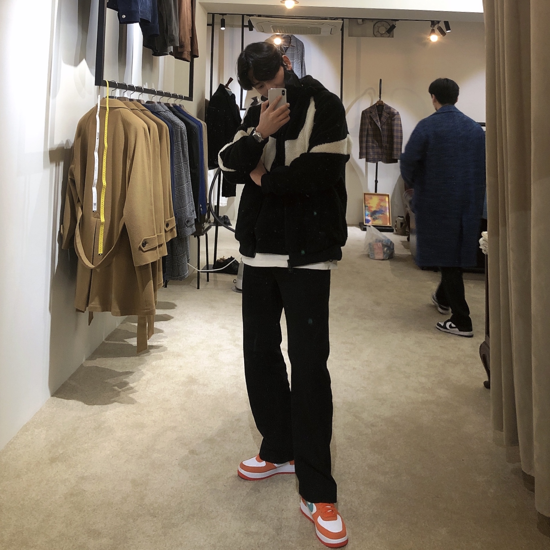 Nike Air Force 1 '07 LV8 Athletic Club Rush Orange Washed Teal, Nike Big Swoosh Full Zip Jacket Black Sail 착용 스타일