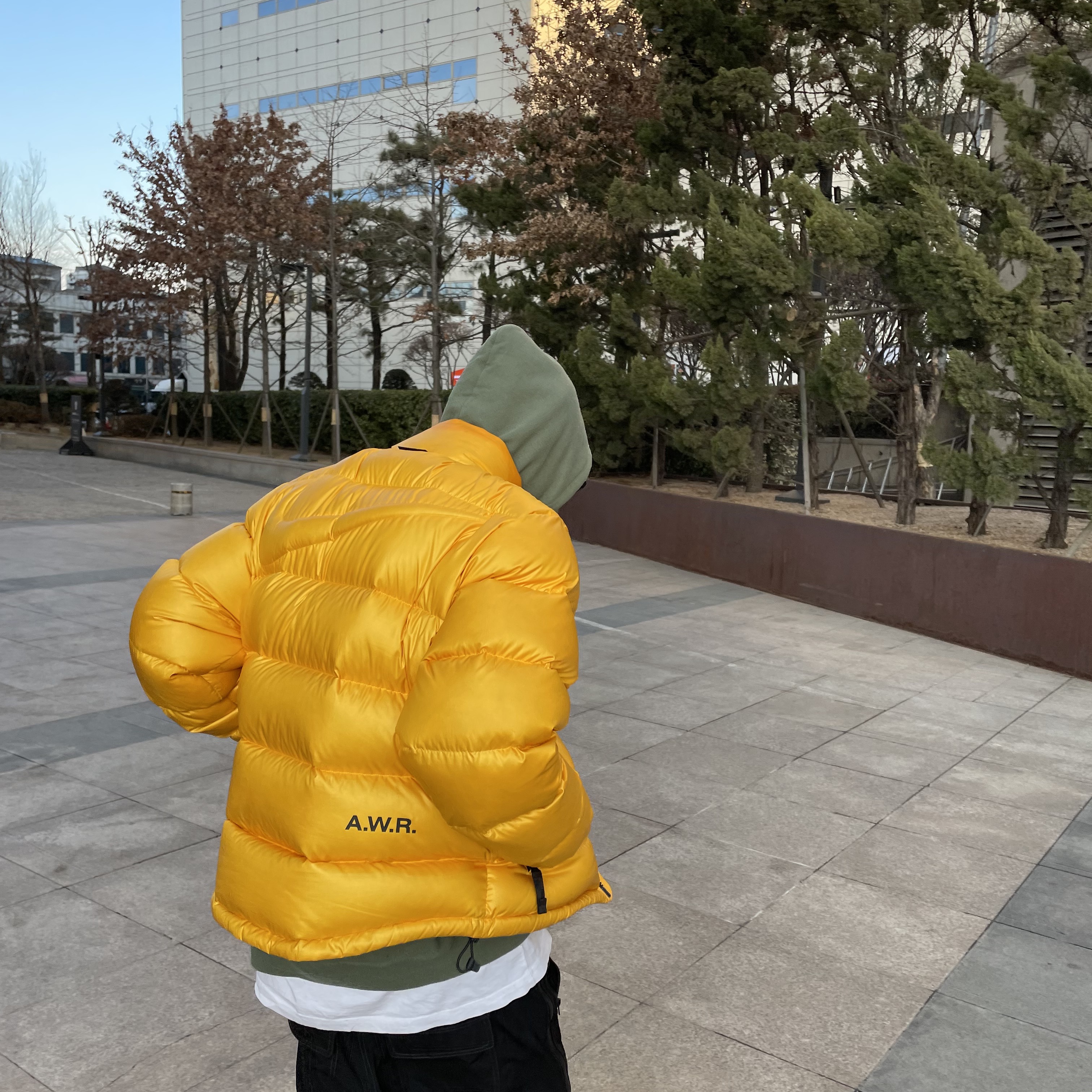 Nike x Travis Scott SB Dunk Low, Nike x Drake Nocta Puffer Jacket University Gold - US/EU 착용 스타일 - 3