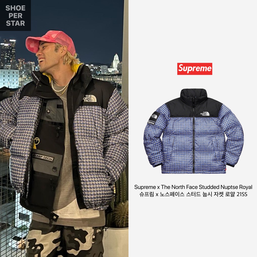 Supreme x The North Face Studded Nuptse Jacket Royal - 21SS, Stussy x BAPE Trucker Cap Pink 착용 스타일 - 1