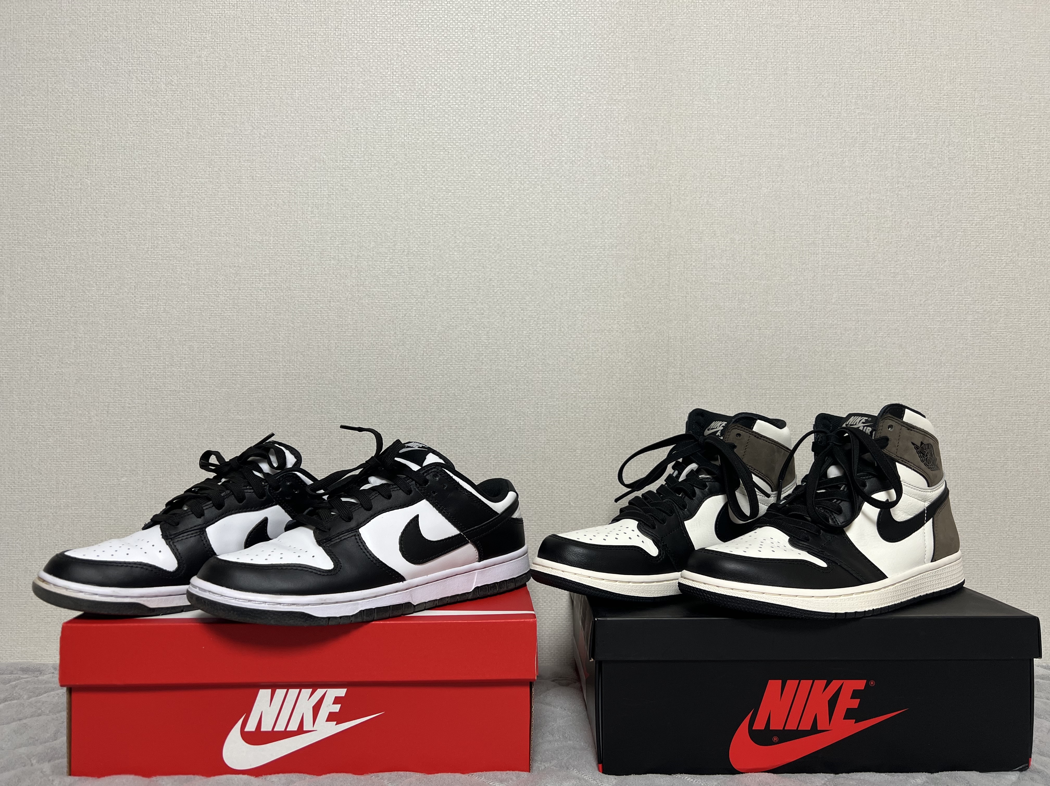 Nike Dunk Low Retro Black, Jordan 1 Retro High OG Black Mocha 착용 스타일