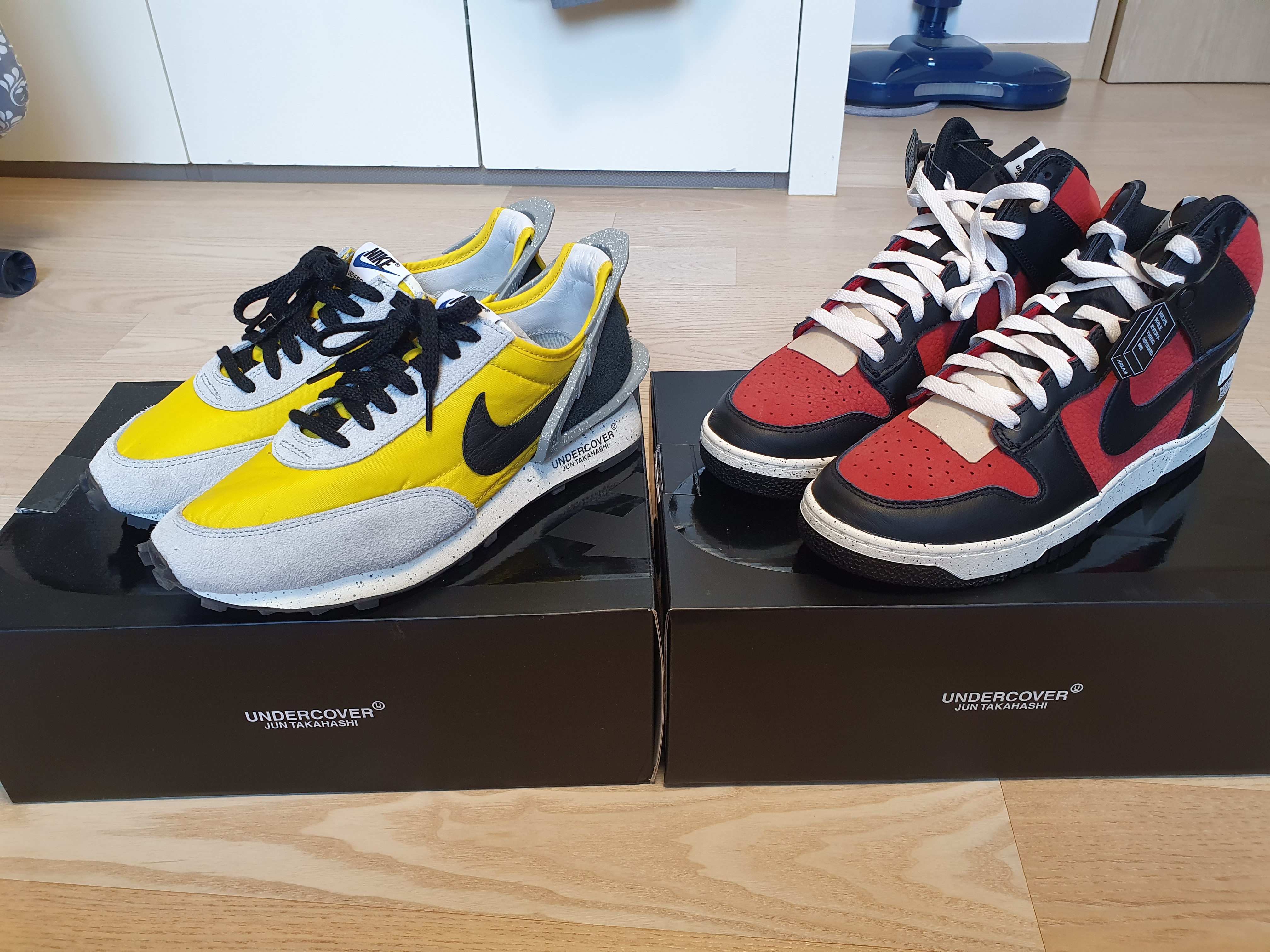 Nike x Undercover Daybreak Bright Citron, Nike x Undercover Dunk High 1985 Gym Red 착용 스타일 - 2