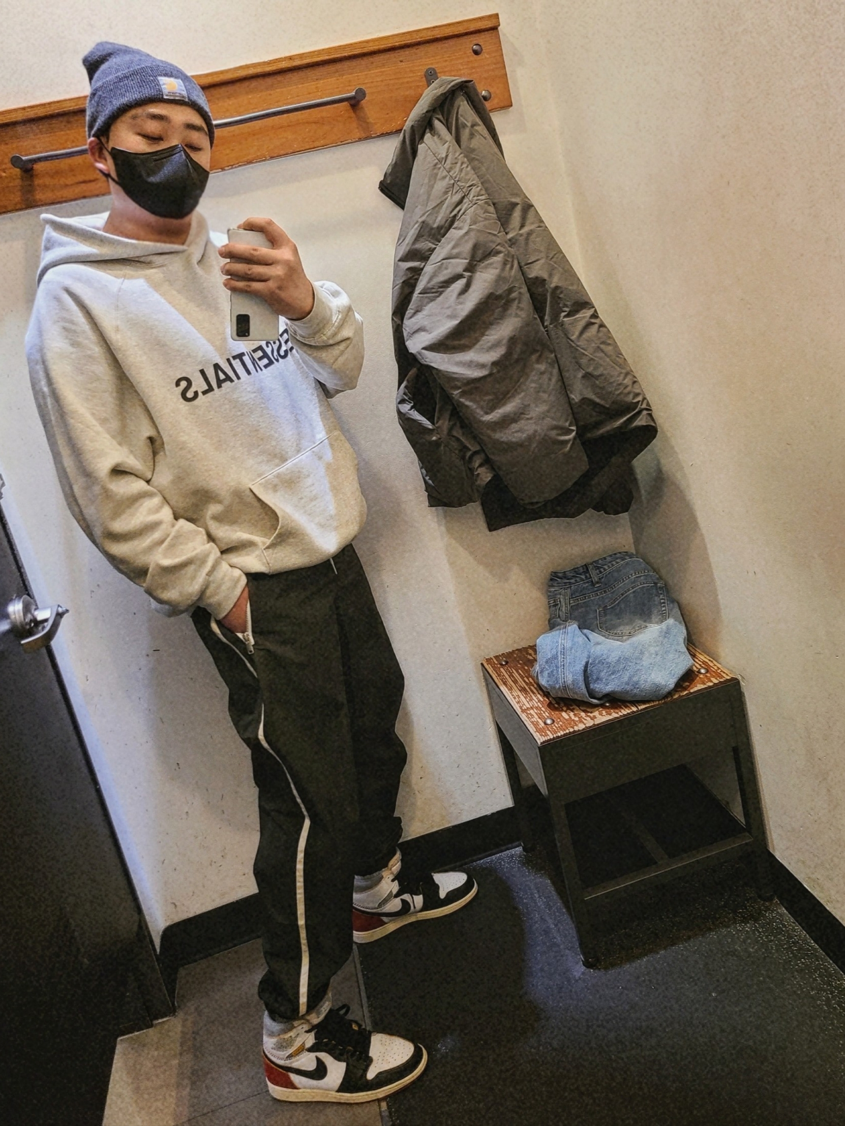 Jordan 1 x Union Retro High Black Toe, Essentials 3D Silicon Applique Pullover Hoodie Heather Oatmeal/Dark Heather Oatmeal - 20FW 착용 스타일