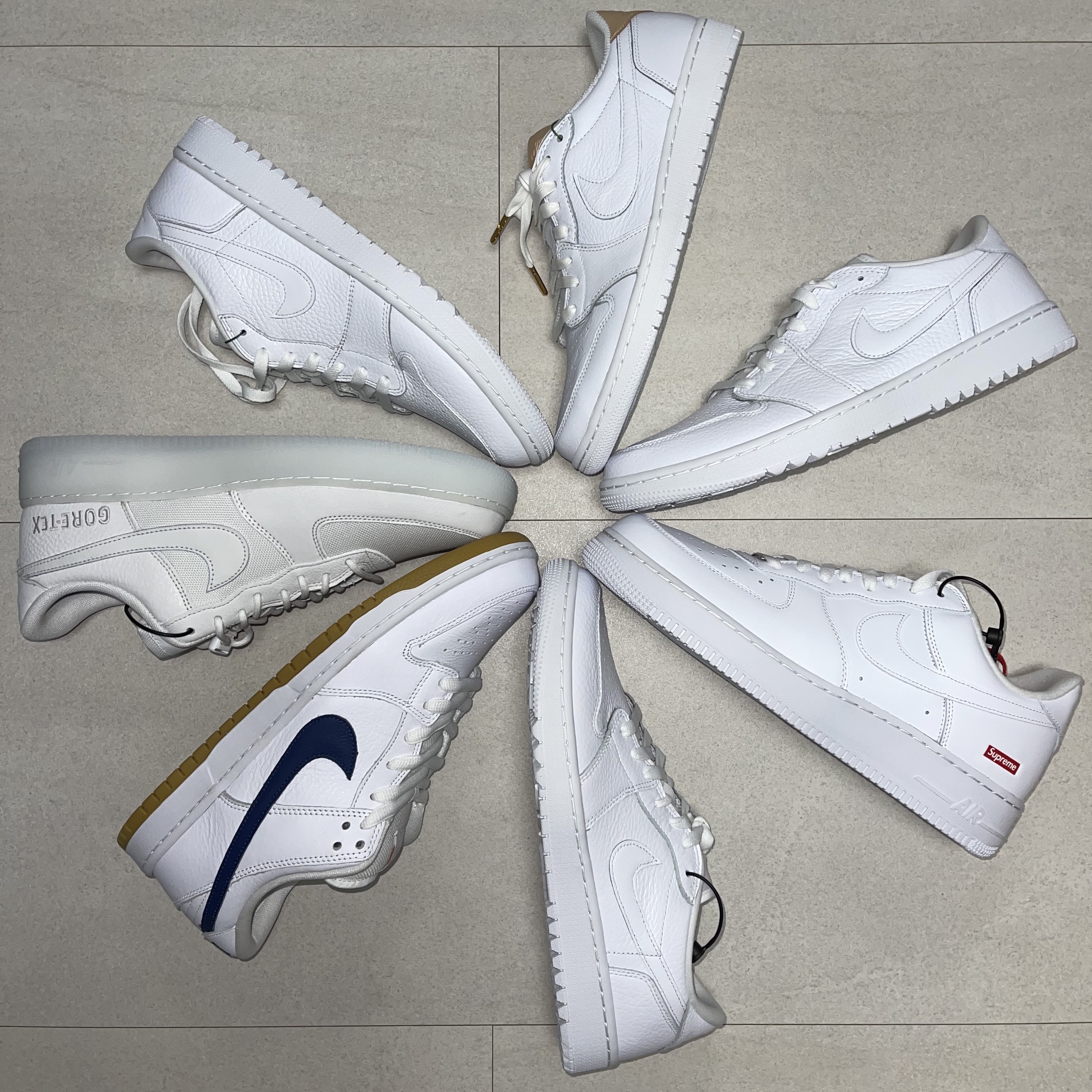Jordan 1 Low Golf Triple White, Jordan 1 Retro Low OG Premium White Tan 착용 스타일