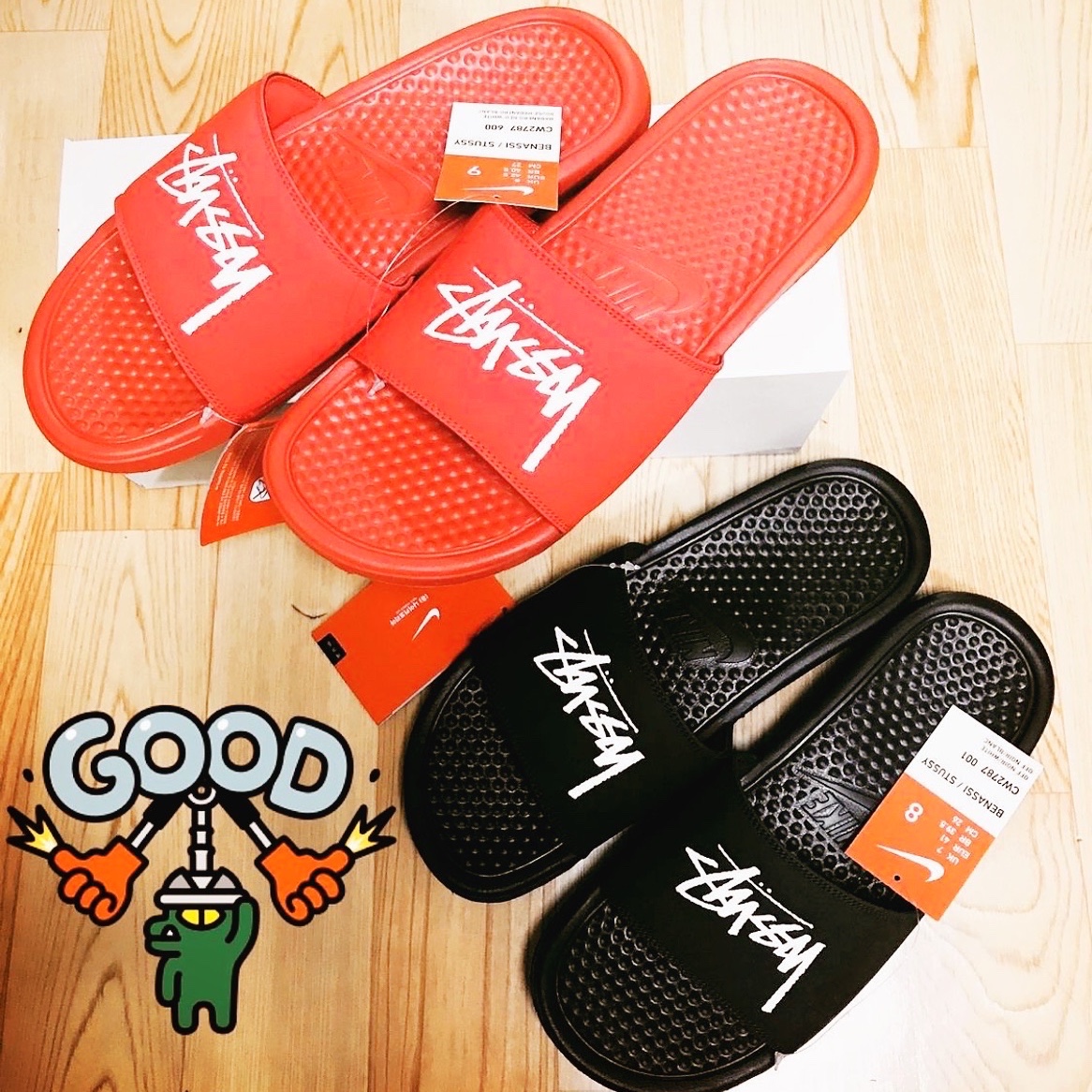 Nike x Stussy Benassi Slide Off Noir, Nike x Stussy Benassi Slide Habanero Red 착용 스타일