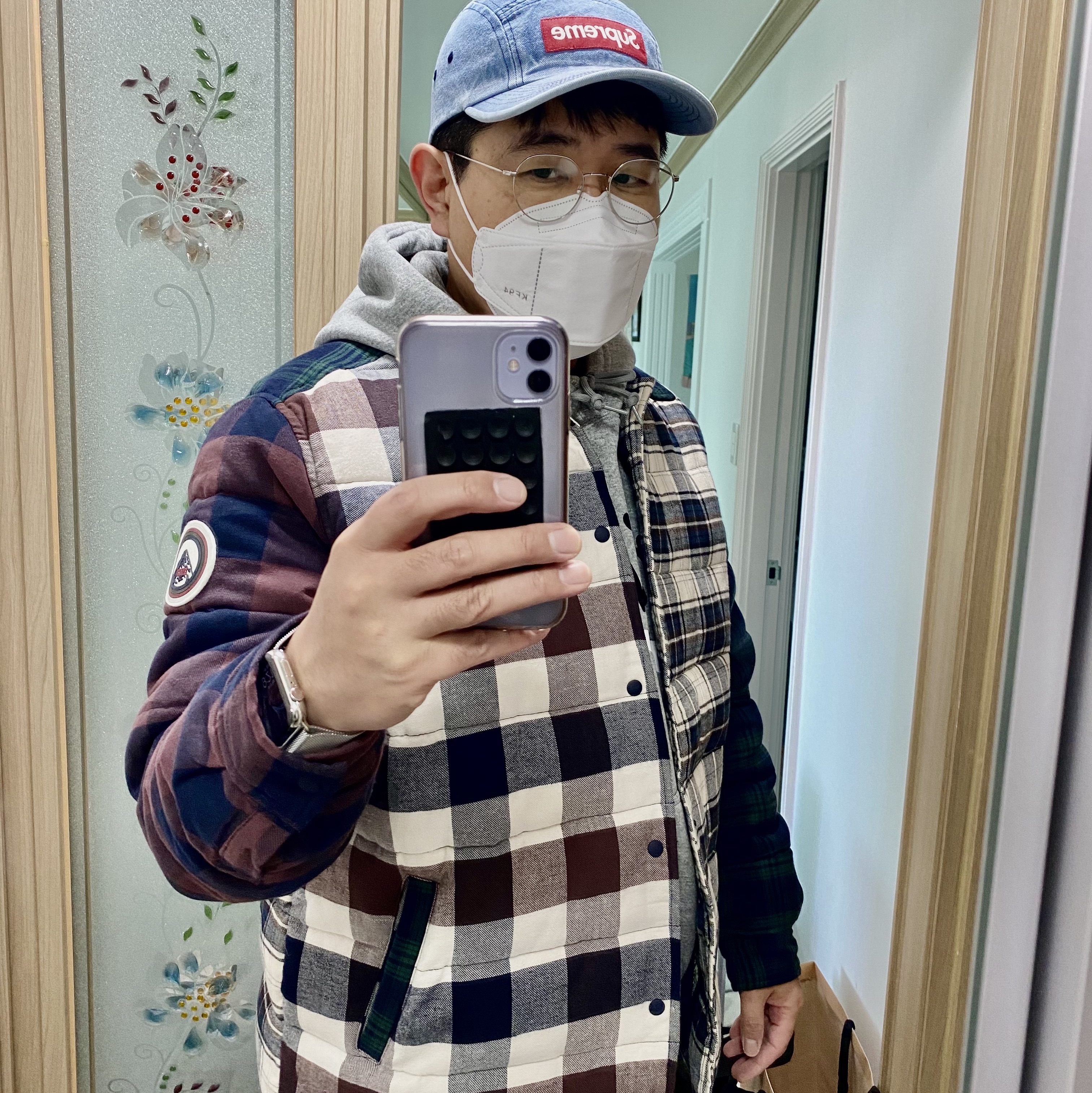 Supreme Washed Chino Twill Camp Cap Denim - 21FW, Kith Multi Plaid Murray Shirt Jacket Saddle 착용 스타일