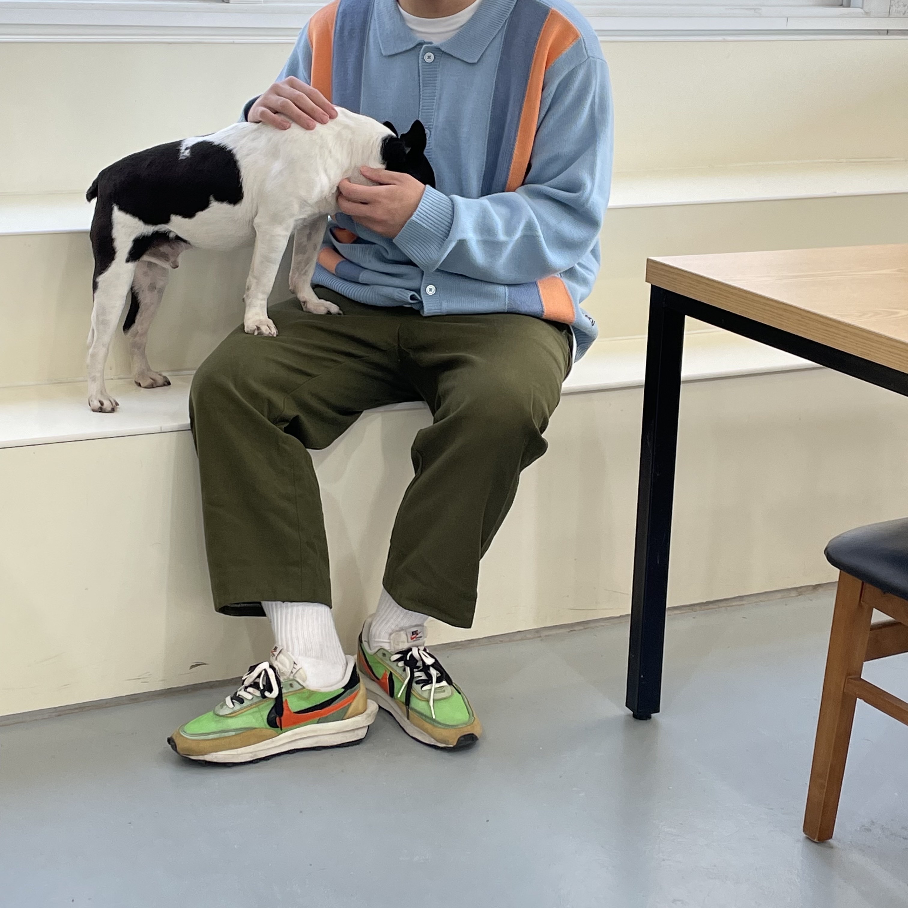 Nike x Sacai LDWaffle Green Multi, IAB Studio x Obey Archer Cardigan Blue 착용 스타일