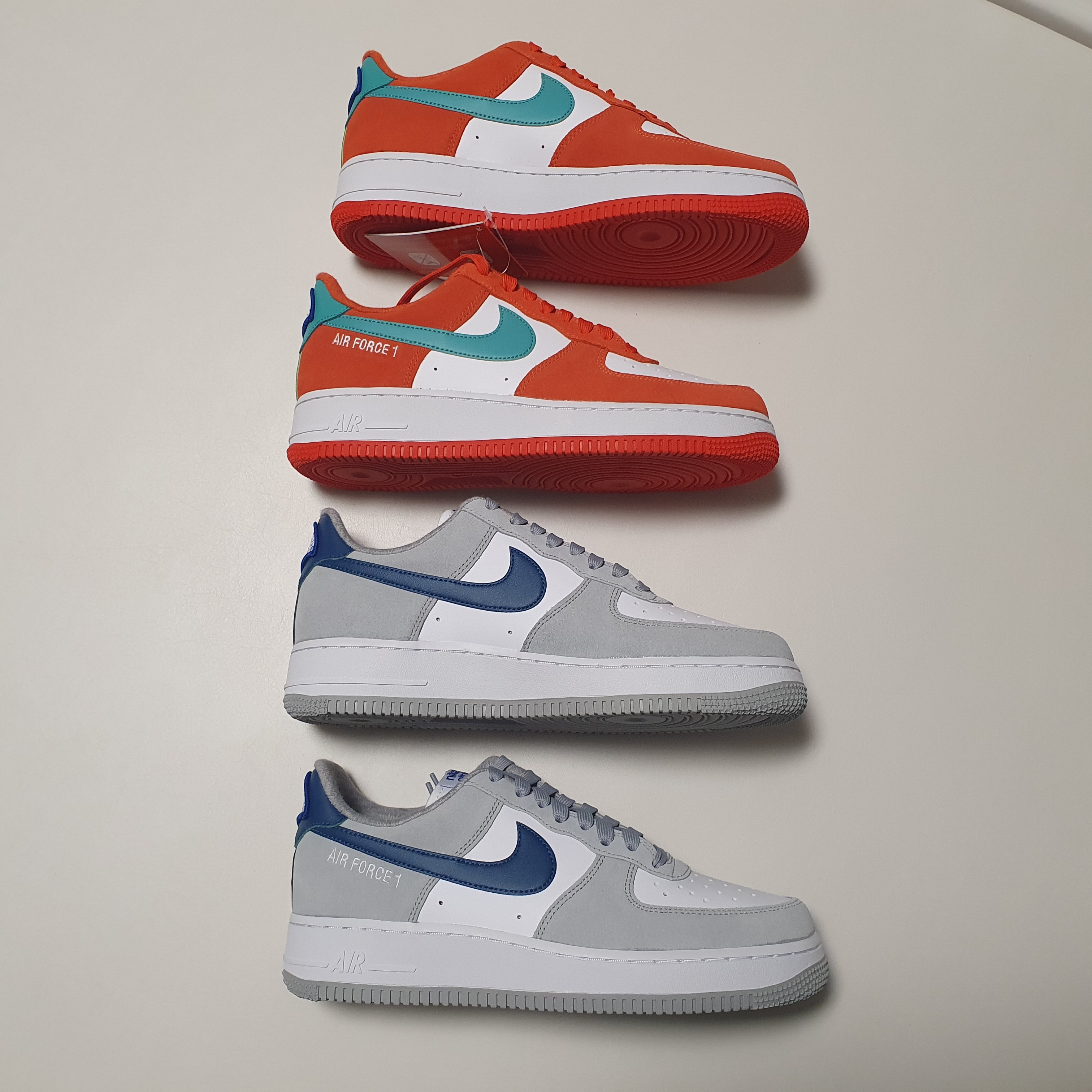 Nike Air Force 1 '07 LV8 Athletic Club Light Smoke Grey Marina, Nike Air Force 1 '07 LV8 Athletic Club Rush Orange Washed Teal 착용 스타일