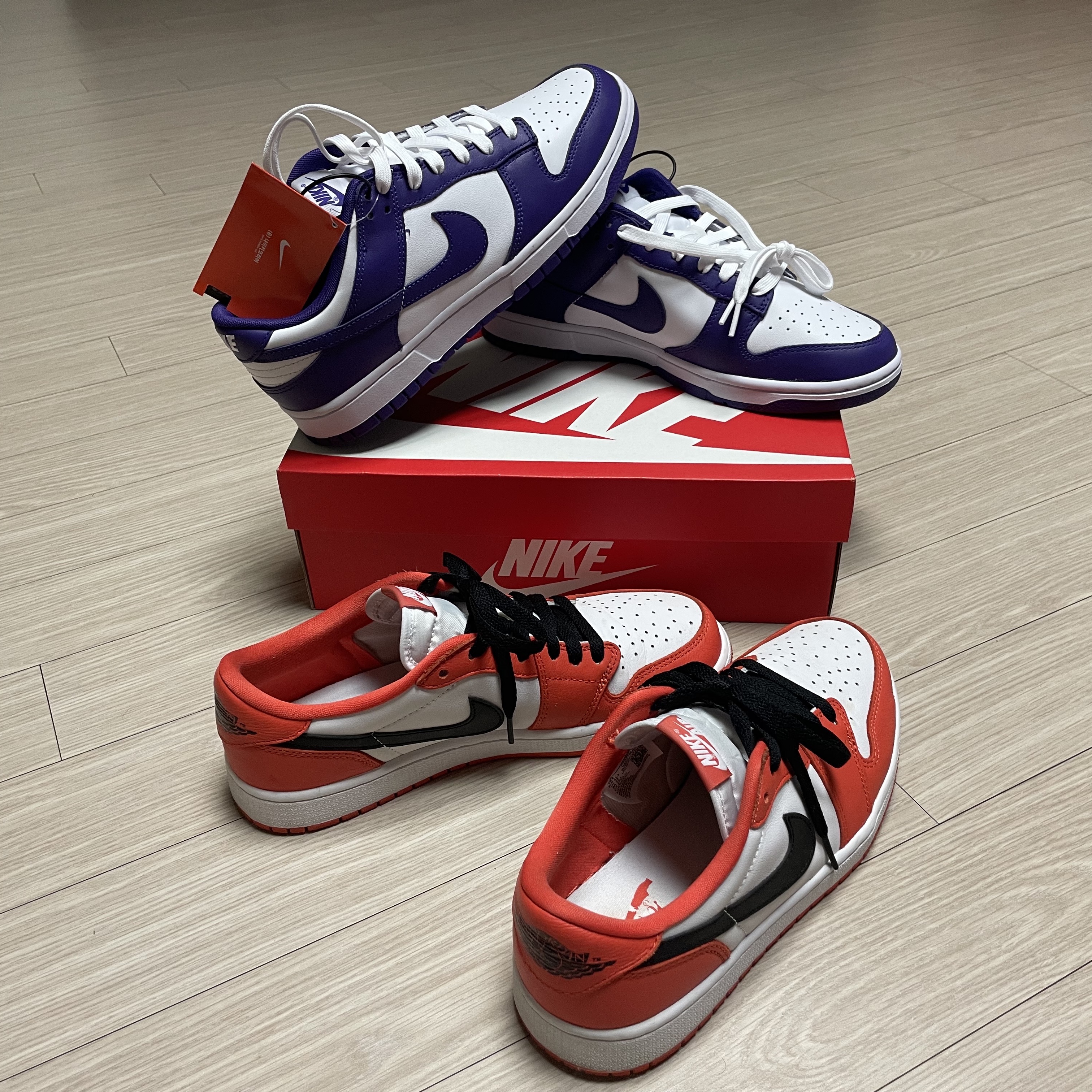 Nike Dunk Low Retro Championship Court Purple, Jordan 1 Low OG Starfish 착용 스타일 - 2