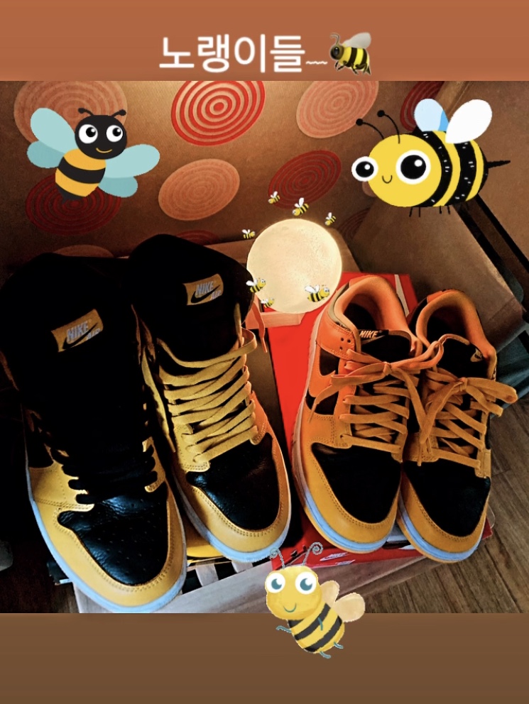 Jordan 1 Retro High OG Pollen, Nike Dunk Low Retro Championship Goldenrod 착용 스타일