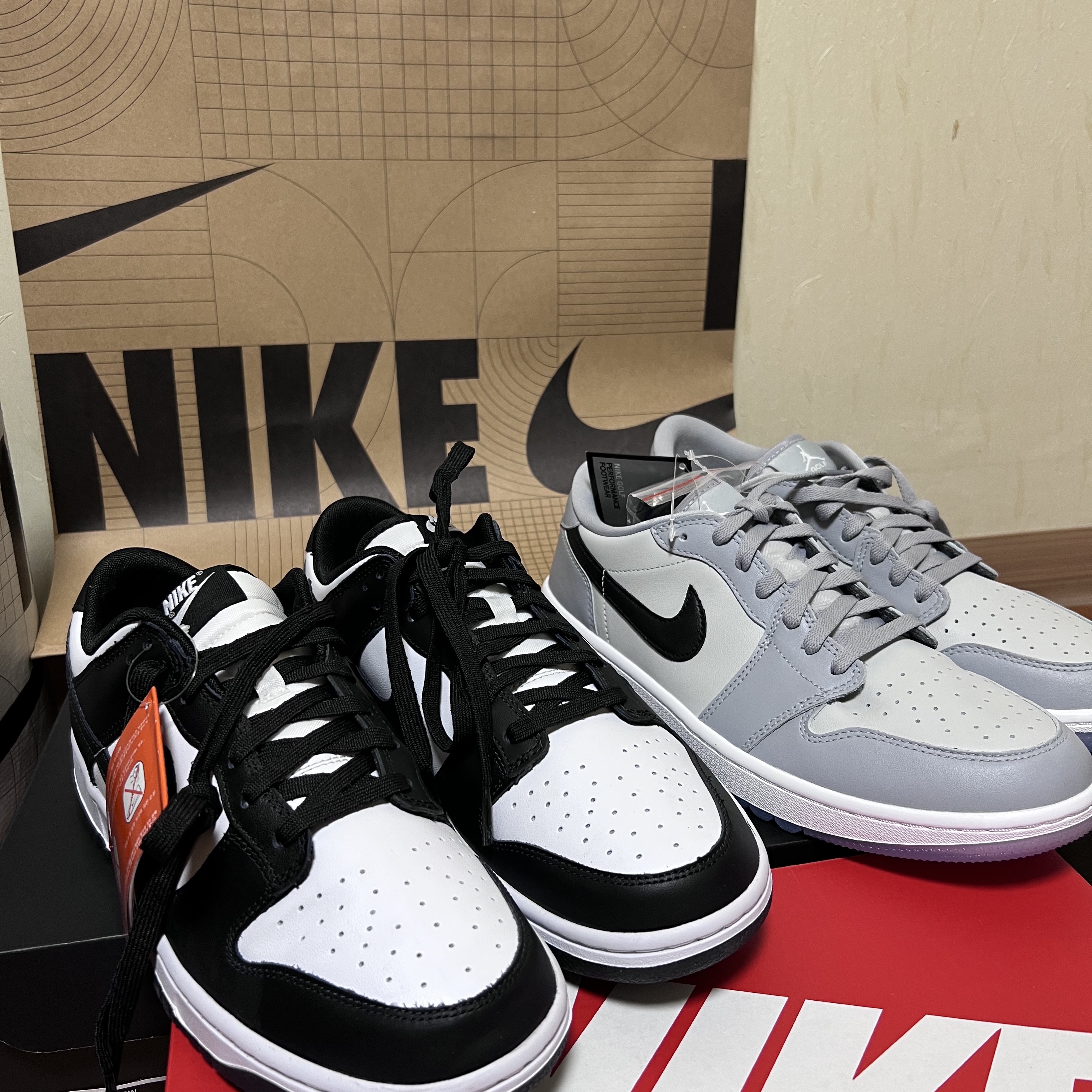 Jordan 1 Low Golf Wolf Grey, Nike Dunk Low Retro Black 착용 스타일