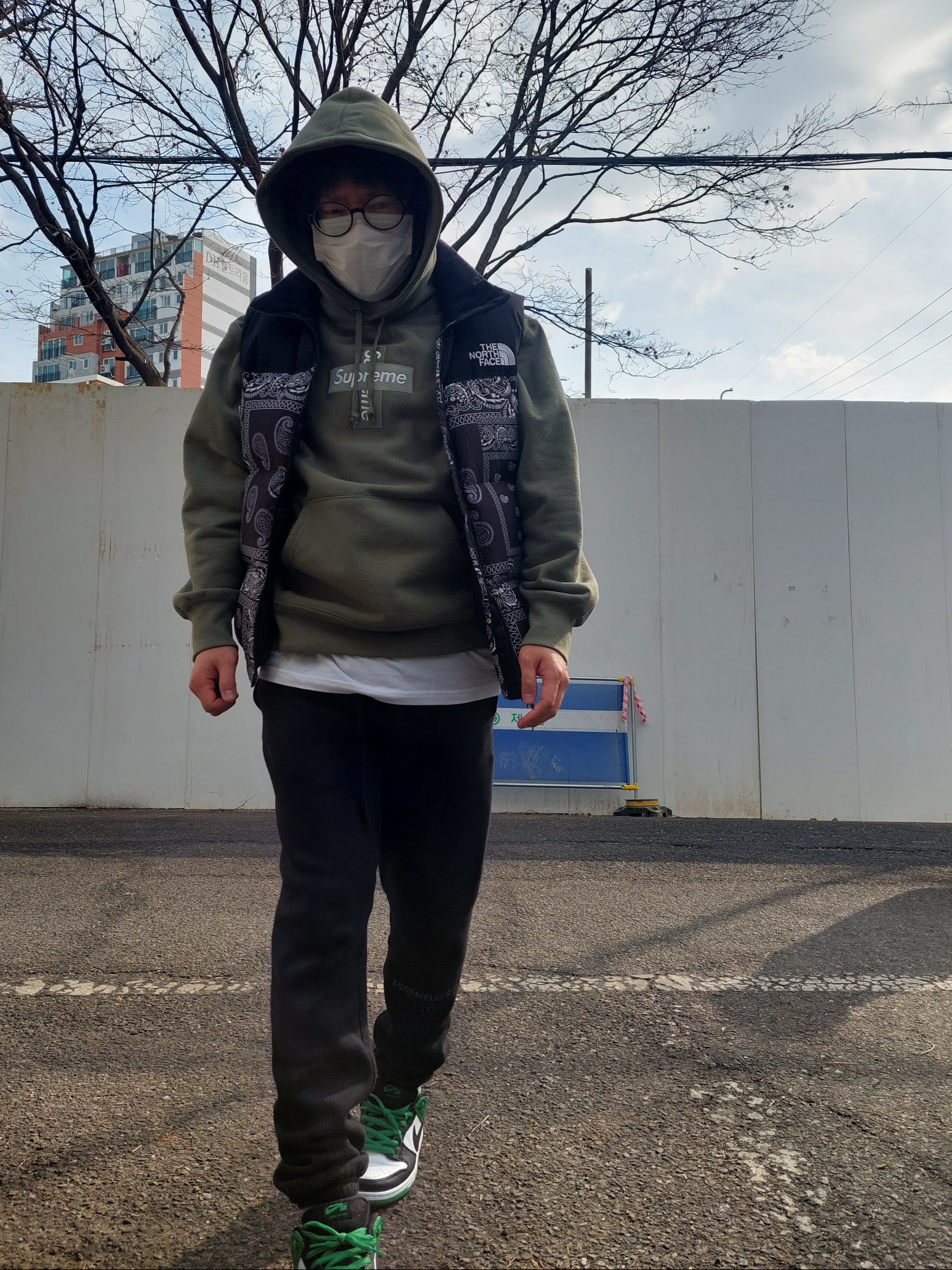 The North Face Nuptse Down Vest Black, Supreme Cross Box Logo Hooded Sweatshirt Light Olive - 20FW 착용 스타일