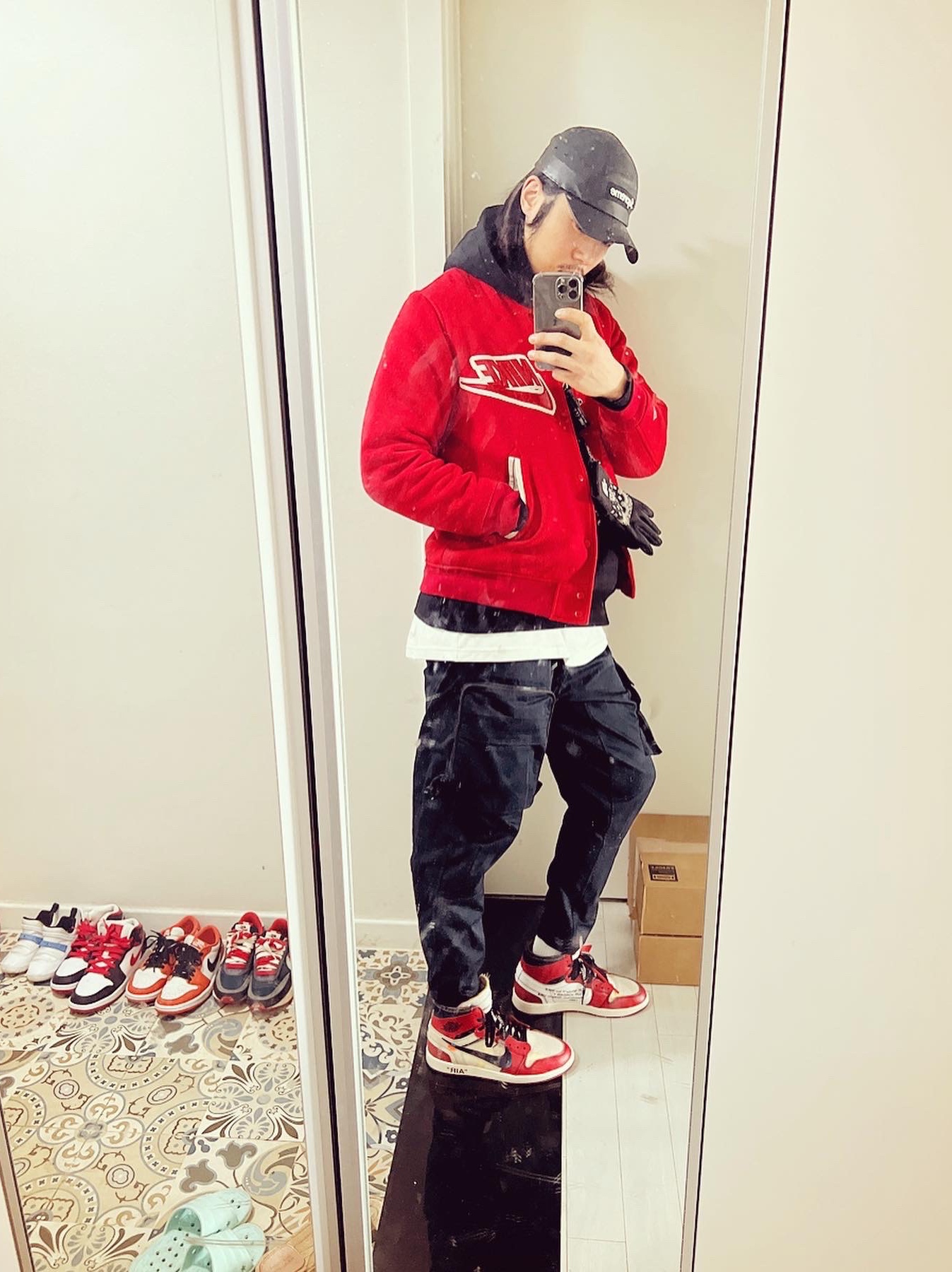 Jordan 1 x Off-White Retro High Chicago The Ten, Supreme Leather Camp Cap Black - 21SS 착용 스타일 - 3