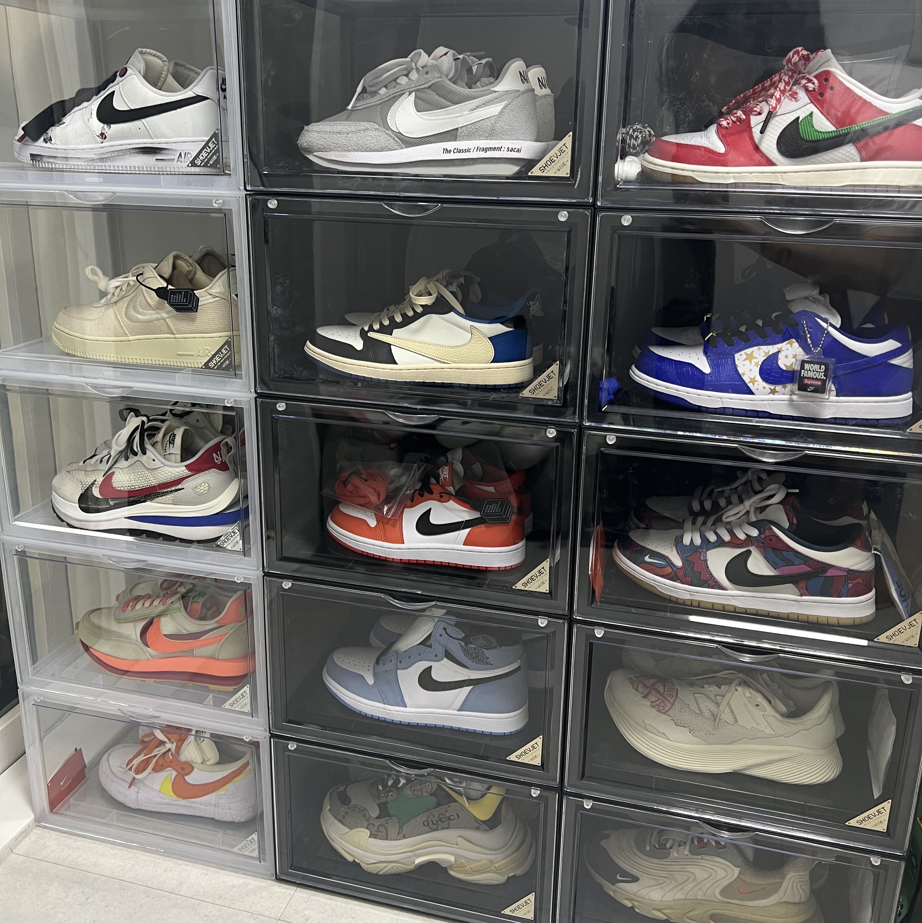 Jordan 1 x Travis Scott x Fragment Retro Low OG SP Military Blue, Nike x Sacai x Fragment LDWaffle Light Smoke Grey 착용 스타일