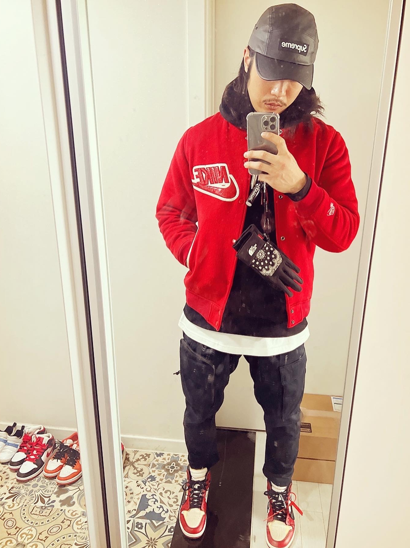 Jordan 1 x Off-White Retro High Chicago The Ten, Supreme Leather Camp Cap Black - 21SS 착용 스타일 - 2