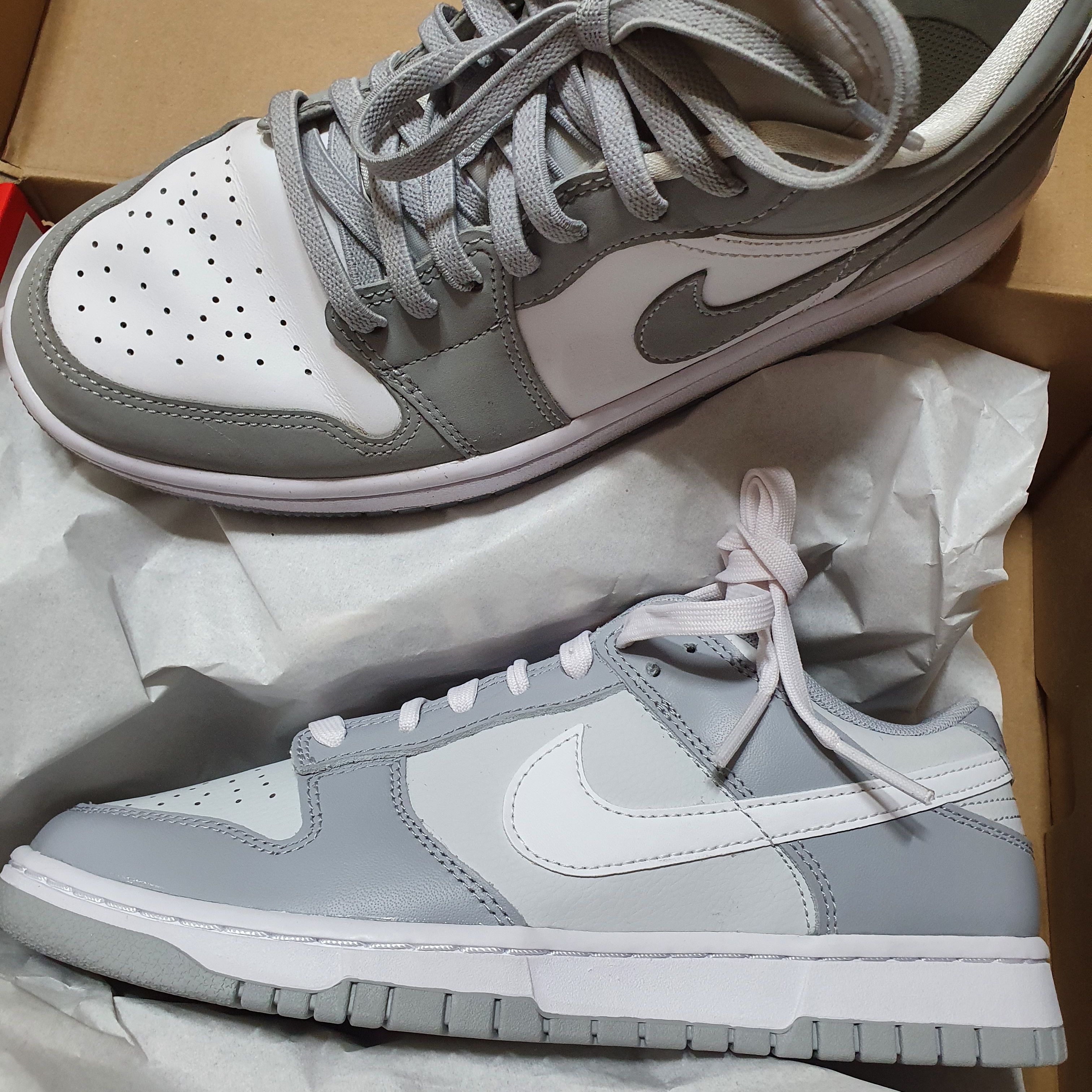 (W) Jordan 1 Low White Wolf Grey, Nike Dunk Low Retro Wolf Grey 착용 스타일 - 1