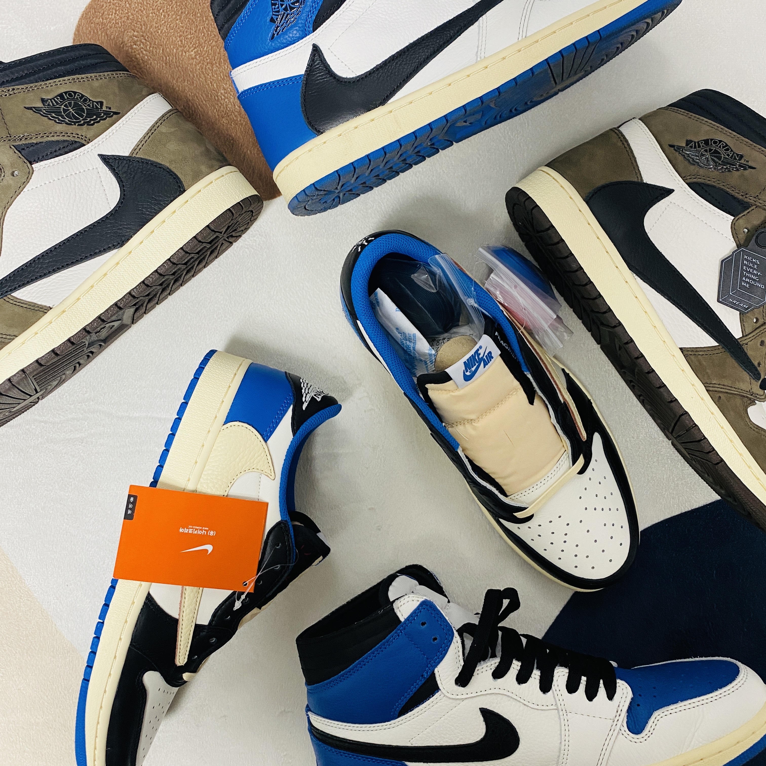 Jordan 1 x Travis Scott x Fragment Retro Low OG SP Military Blue, Jordan 1 x Travis Scott Retro High OG SP Mocha 착용 스타일