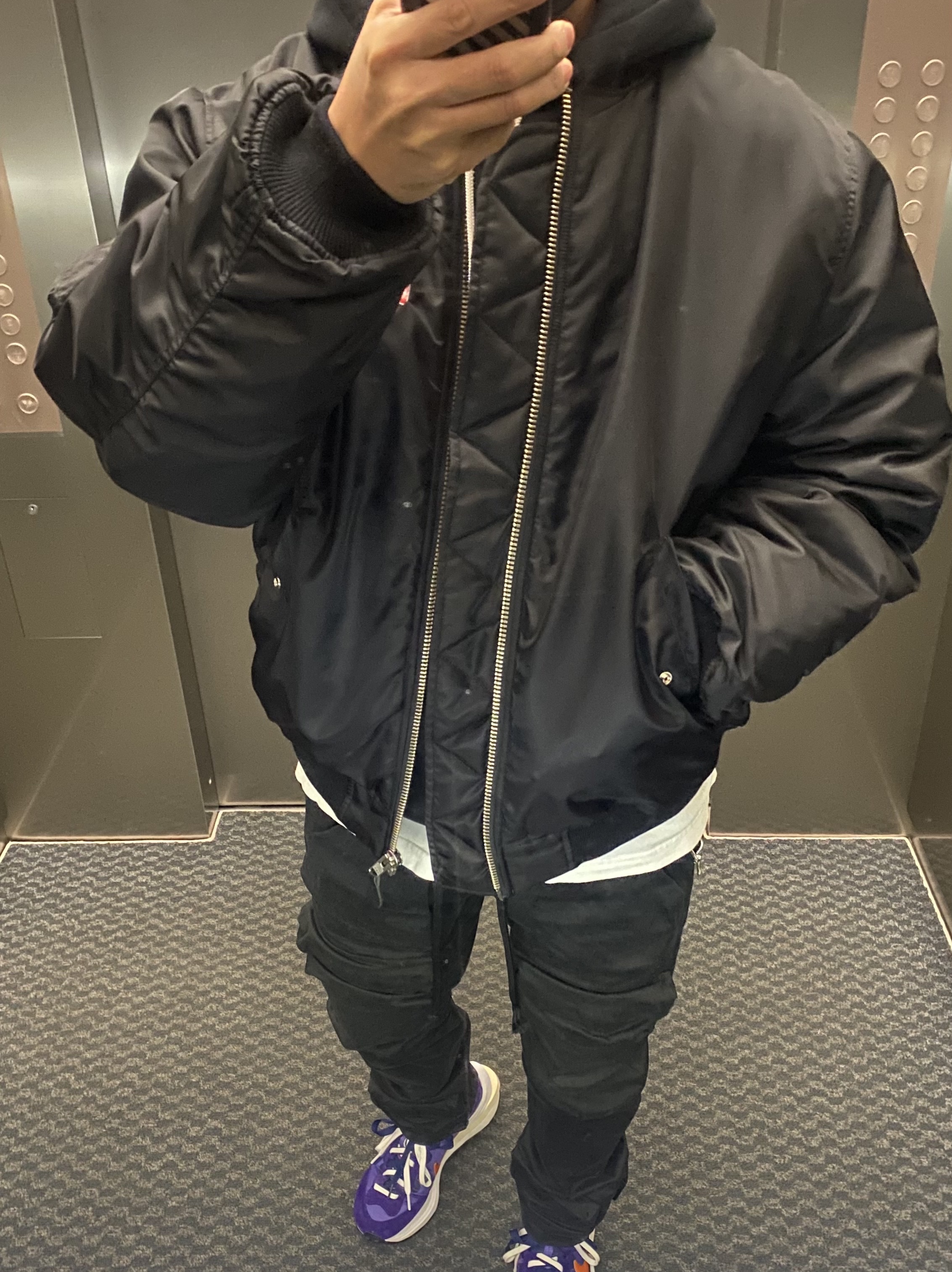 Palace Pez Pezman MA-1 Jacket Black - 21FW, Nike x Sacai VaporWaffle Dark Iris 착용 스타일 - 1