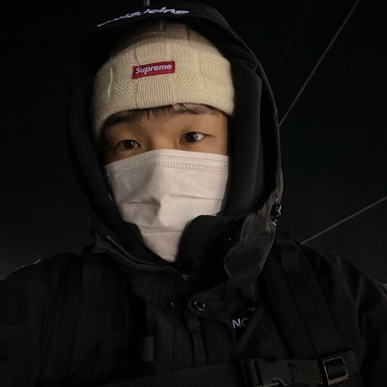 Supreme x Kangol Furgora Beanie White - 20FW, Supreme x The North Face RTG Jacket + Vest Black - 20SS 착용 스타일 - 1