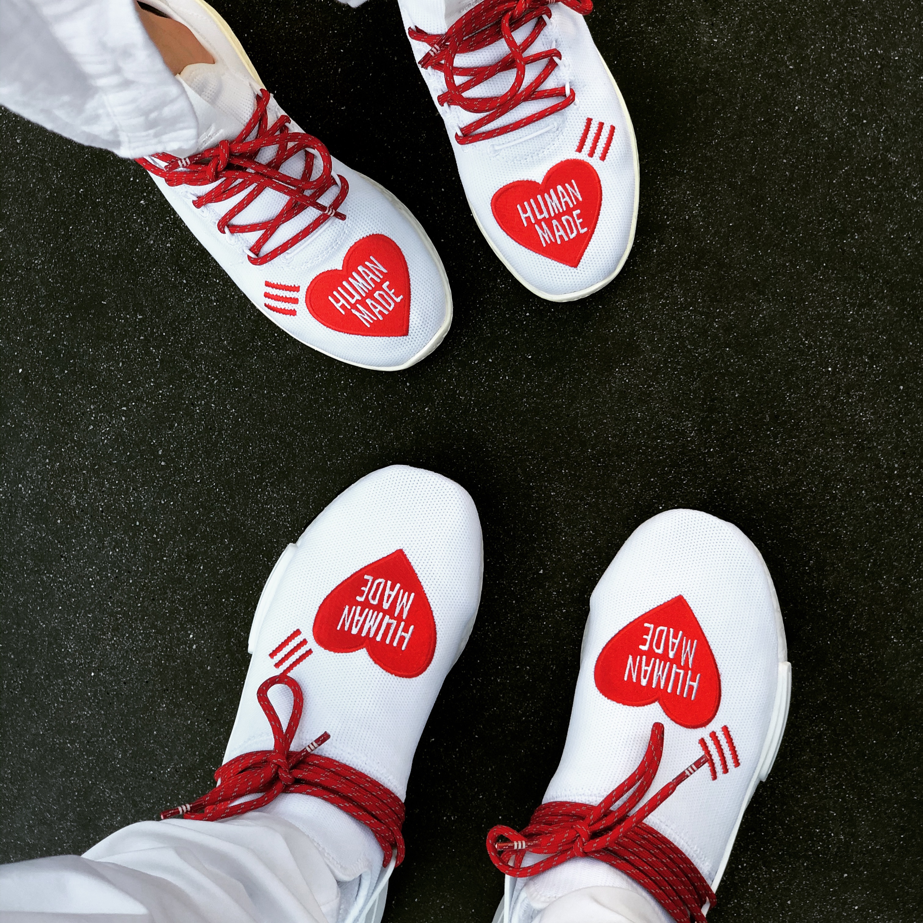 Adidas x Human Made x Pharrell Williams Hu NMD White Red, Adidas x Human Made x Pharrell Williams Tennis Hu White Red 착용 스타일