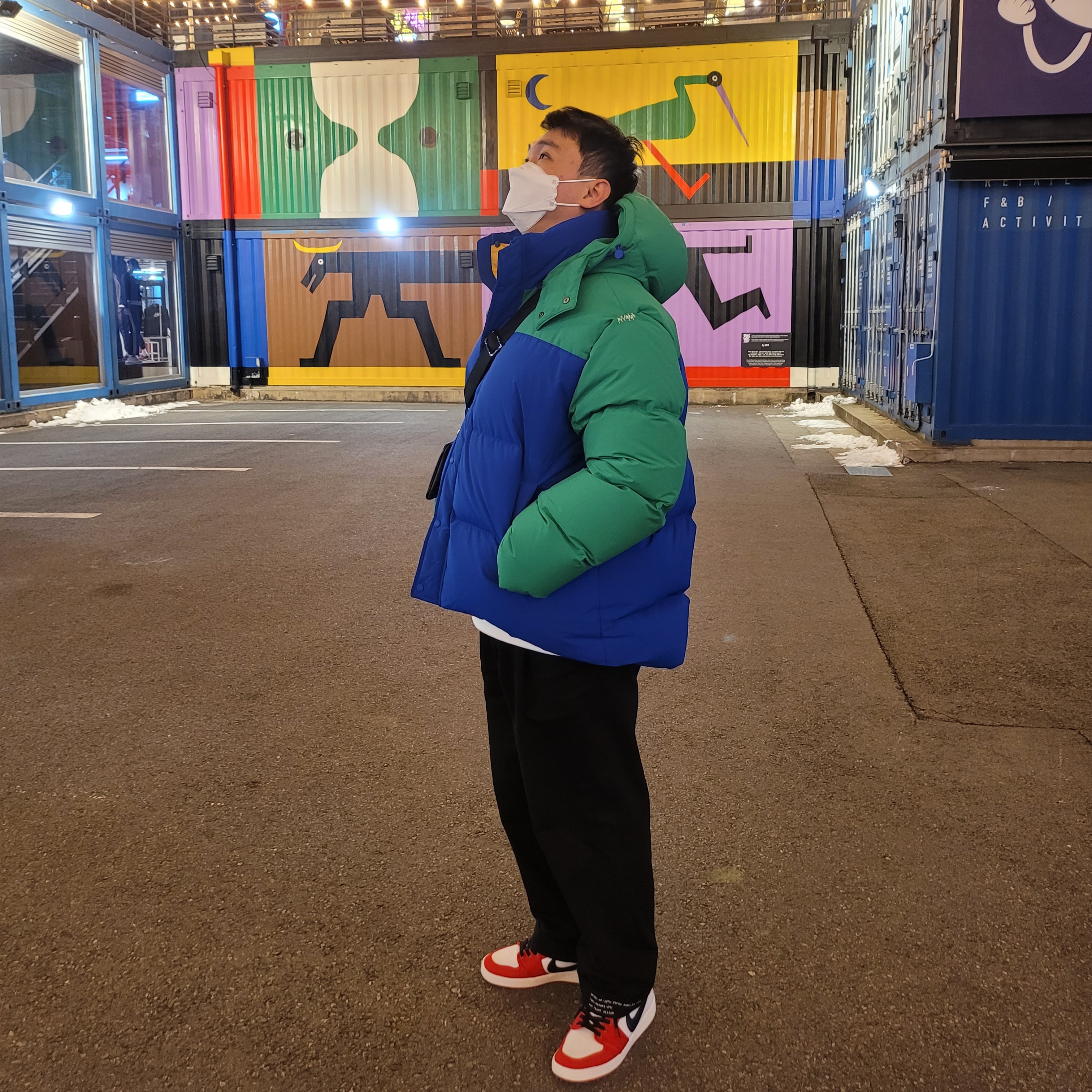 Jordan 1 KO Chicago 2021, Zara x Ader Error Color Block Jacket Green Blue 착용 스타일 - 2
