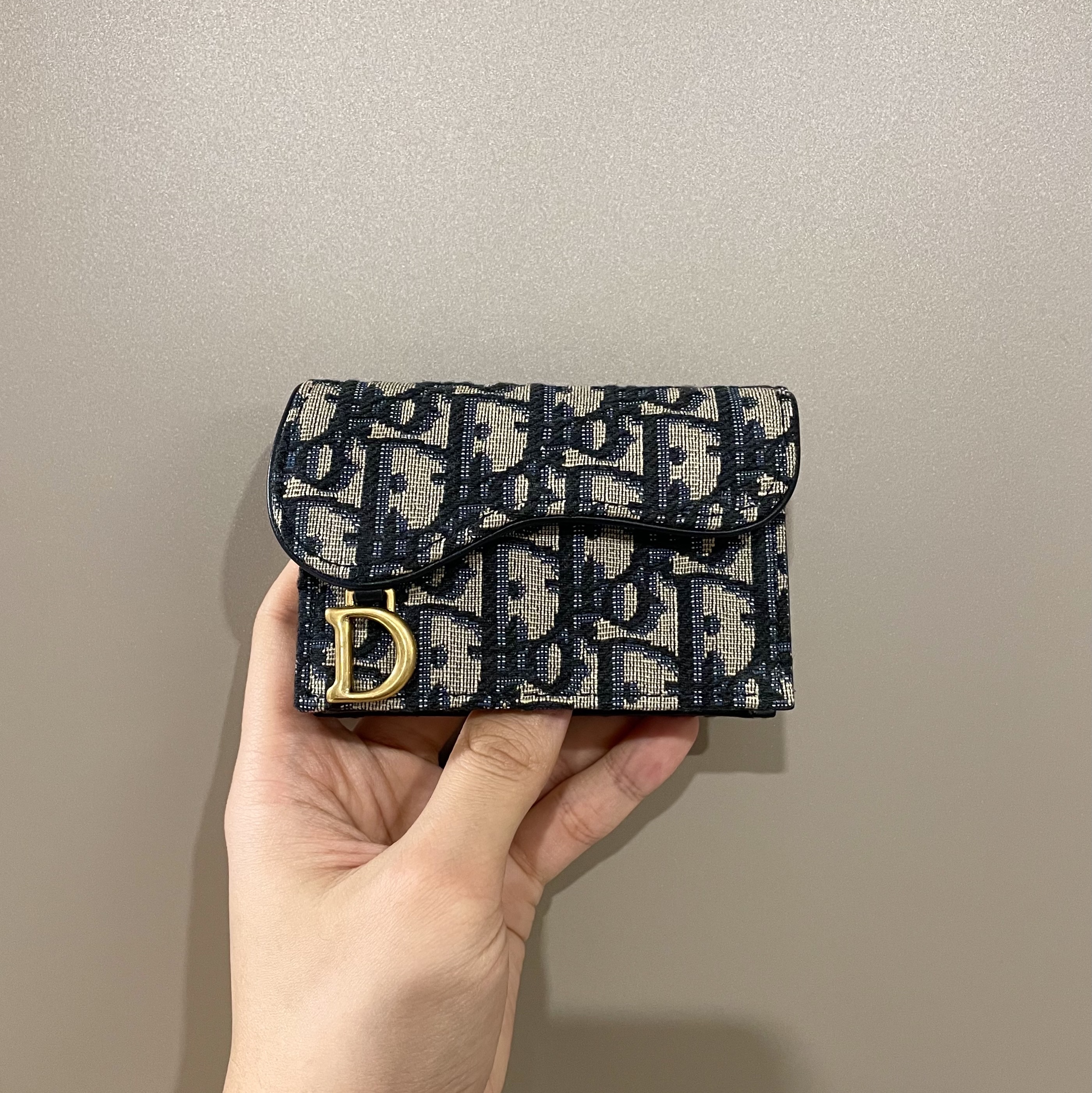 Dior Saddle Flap Card Holder Blue Dior Oblique Jacquard 착용 스타일
