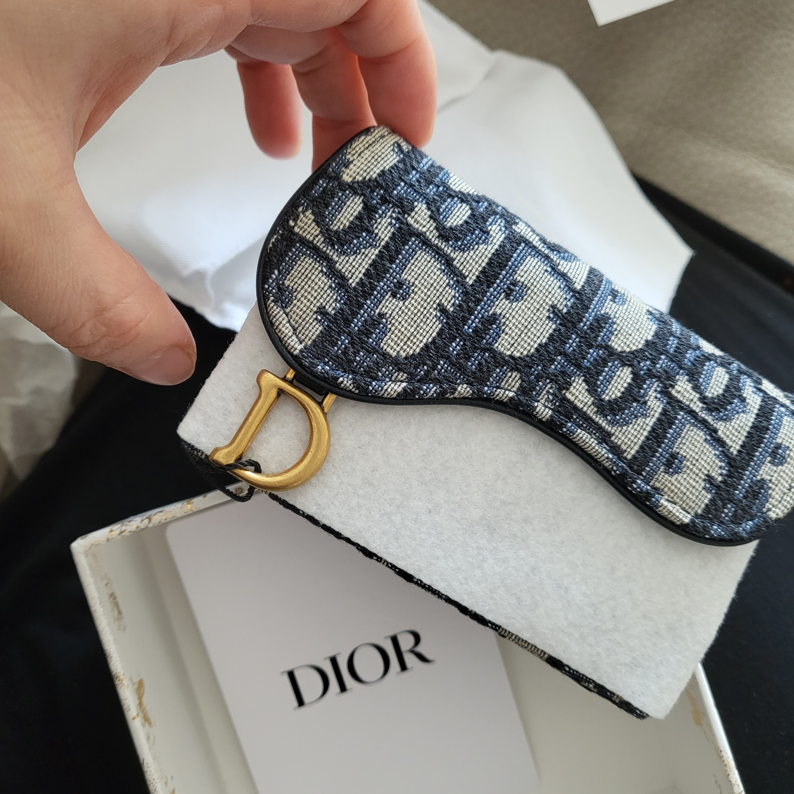 Dior Saddle Flap Card Holder Blue Dior Oblique Jacquard 착용 스타일