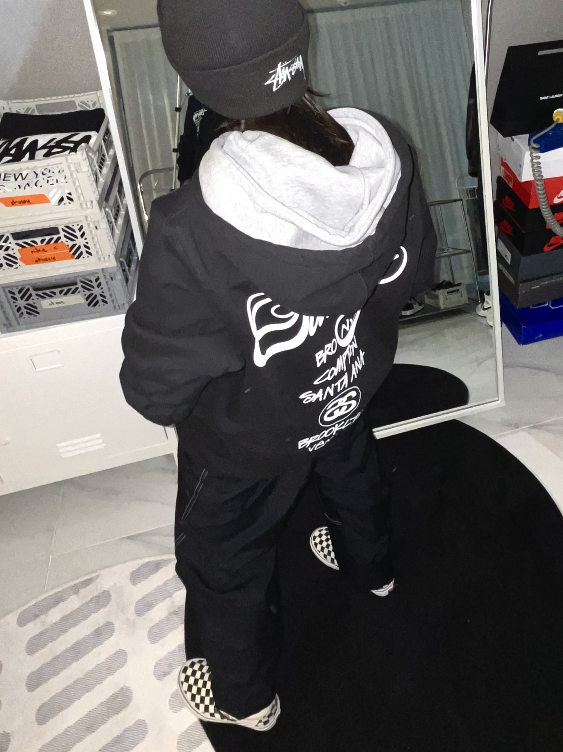 Nike x Stussy Cuff Beanie, Stussy World Tour Zip Hoodie Black 2021 착용 스타일 - 2