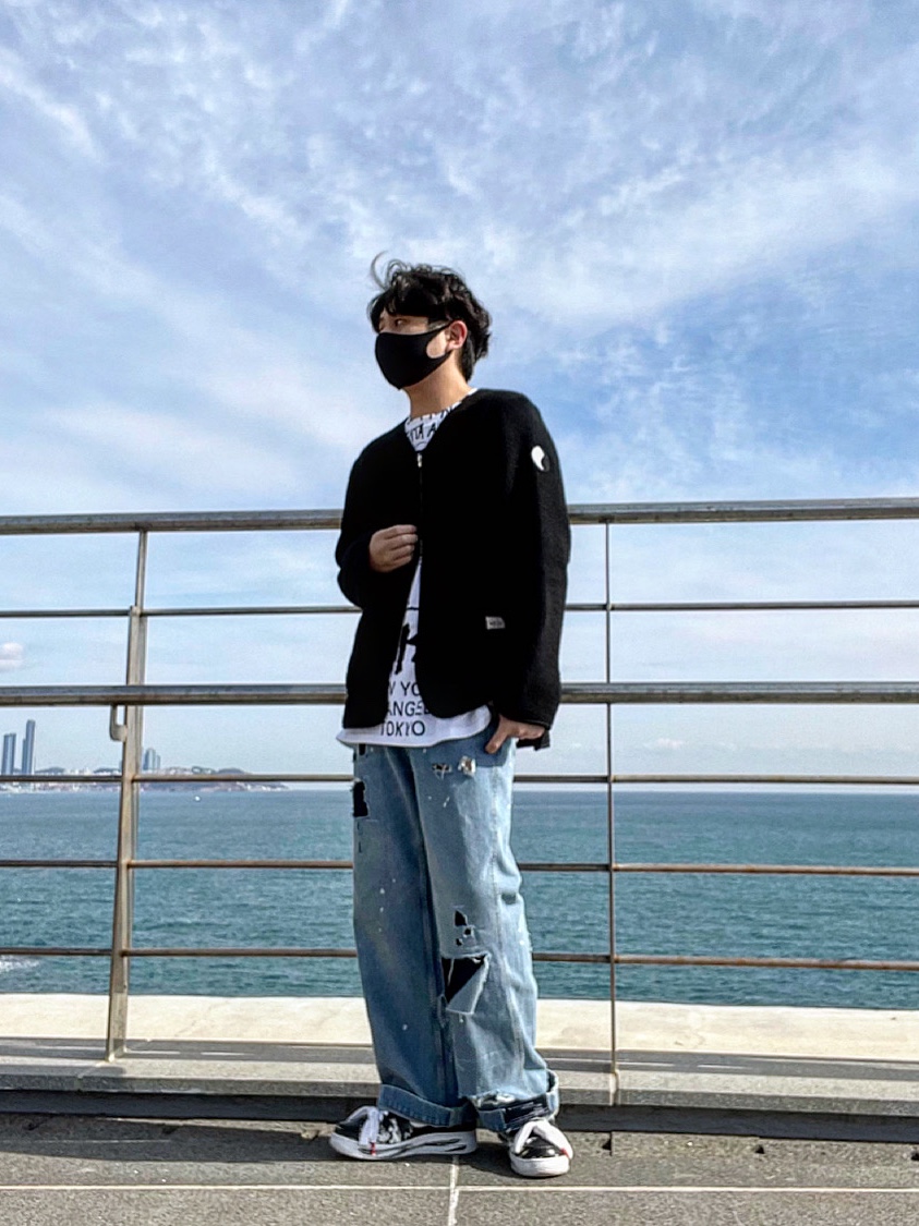 Stussy x Our Legacy Liner Black Recycled Wool, Stussy x Takahiromiyashita The Soloist 40 WT T-Shirt 착용 스타일