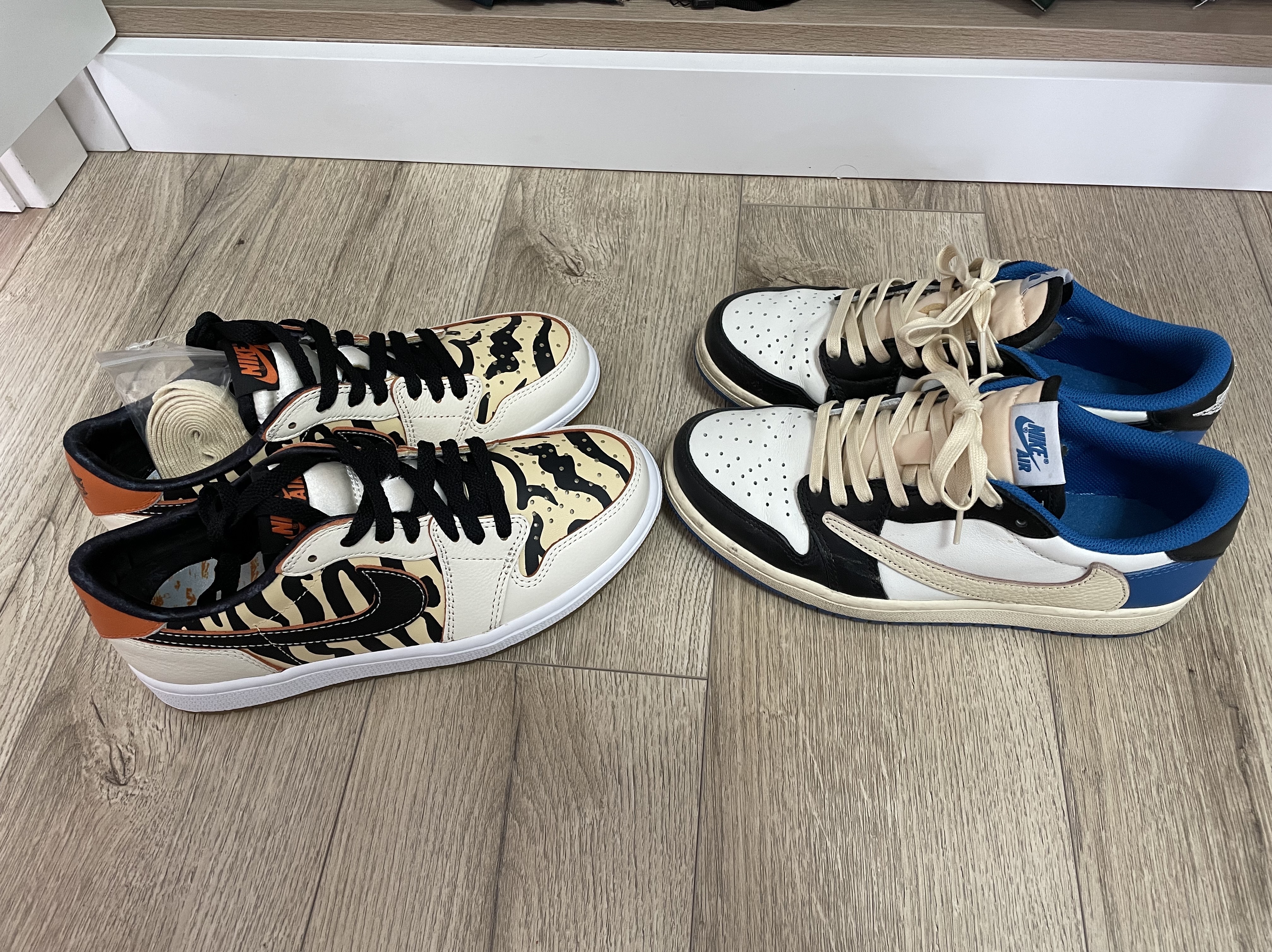 Jordan 1 x Travis Scott x Fragment Retro Low OG SP Military Blue, Jordan 1 Retro Low OG Year of the Tiger 착용 스타일