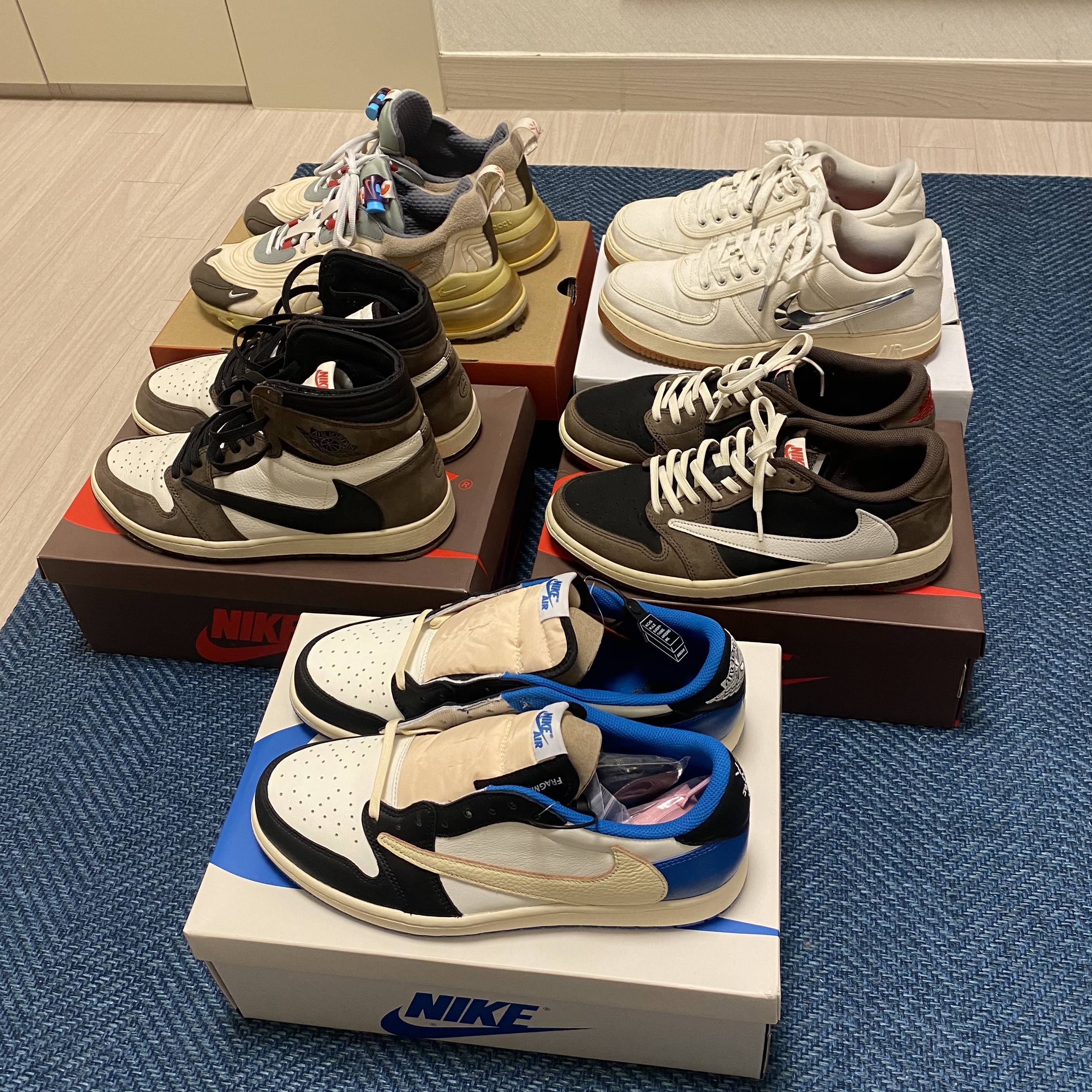 Jordan 1 x Travis Scott x Fragment Retro Low OG SP Military Blue, Jordan 1 x Travis Scott Retro High OG SP Mocha 착용 스타일