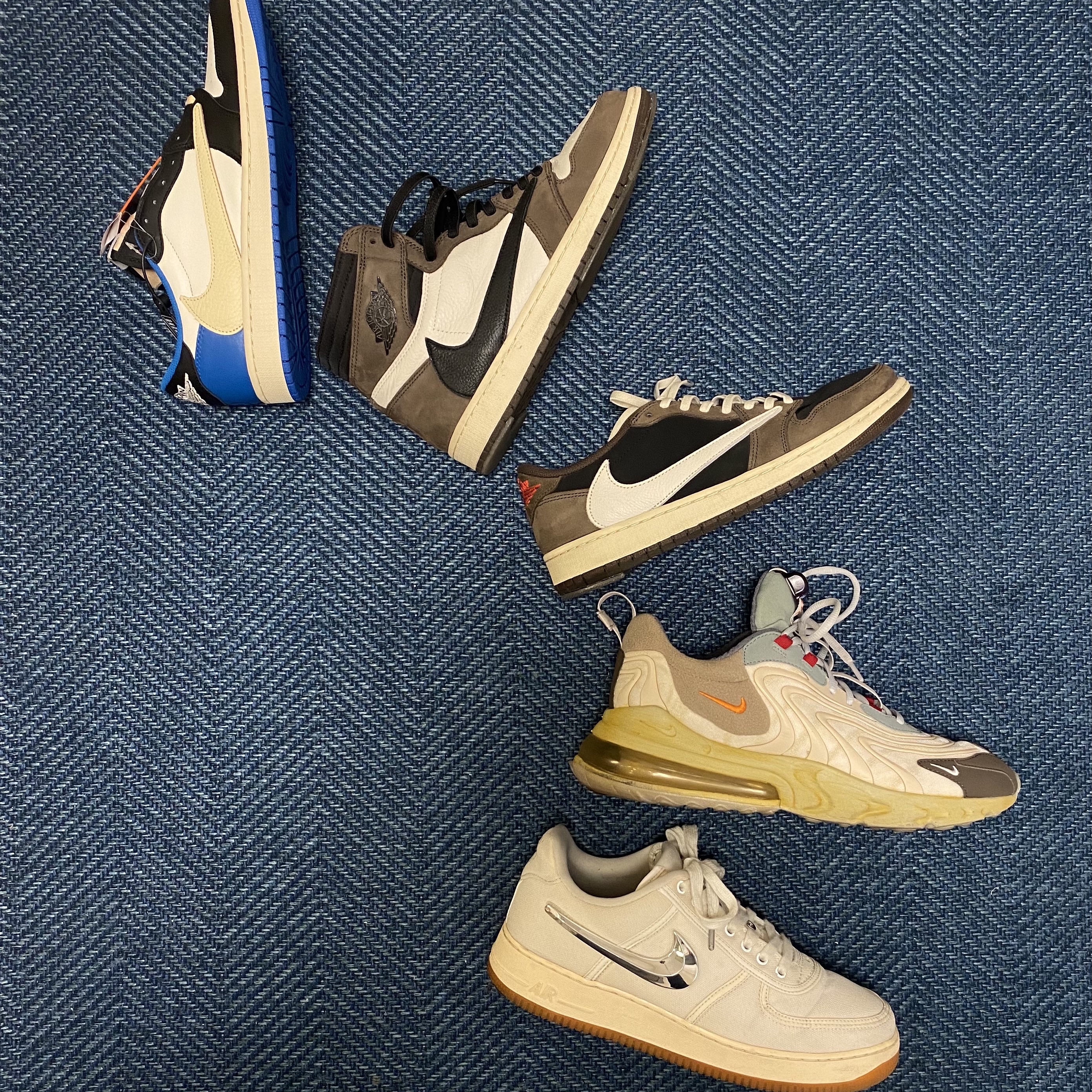 Jordan 1 x Travis Scott x Fragment Retro Low OG SP Military Blue, Jordan 1 x Travis Scott Retro High OG SP Mocha 착용 스타일