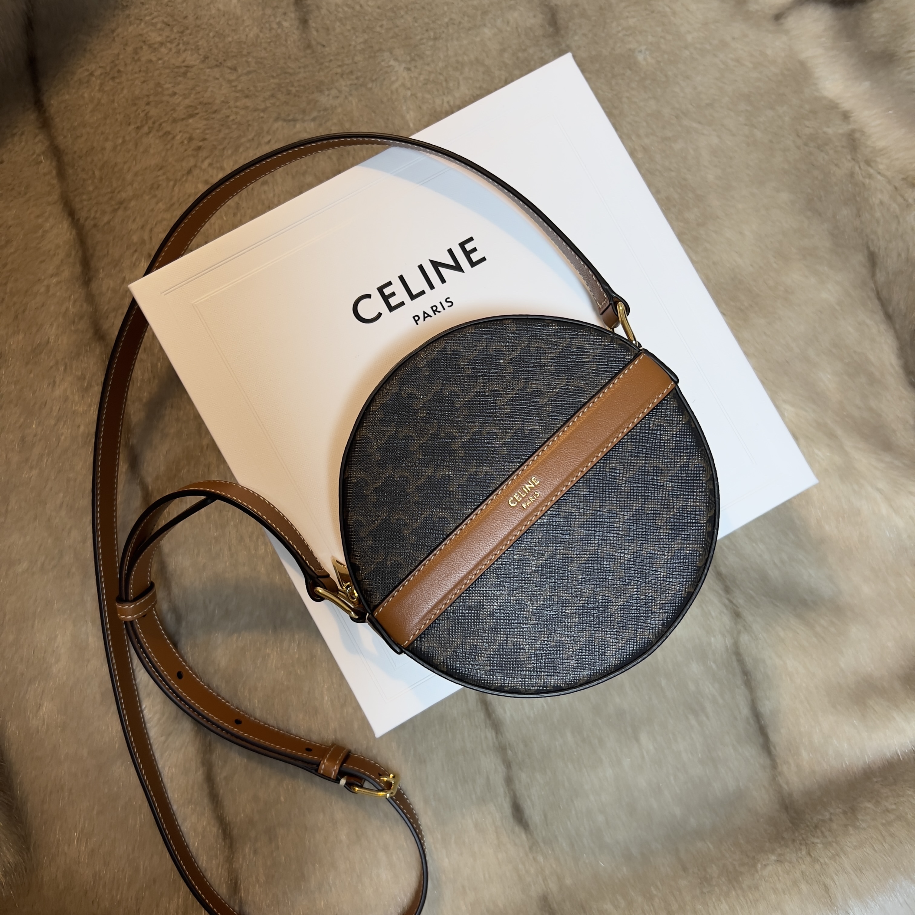 Celine Round Purse On Strap in Triomphe Canvas and Lambskin Black Tan 착용 스타일