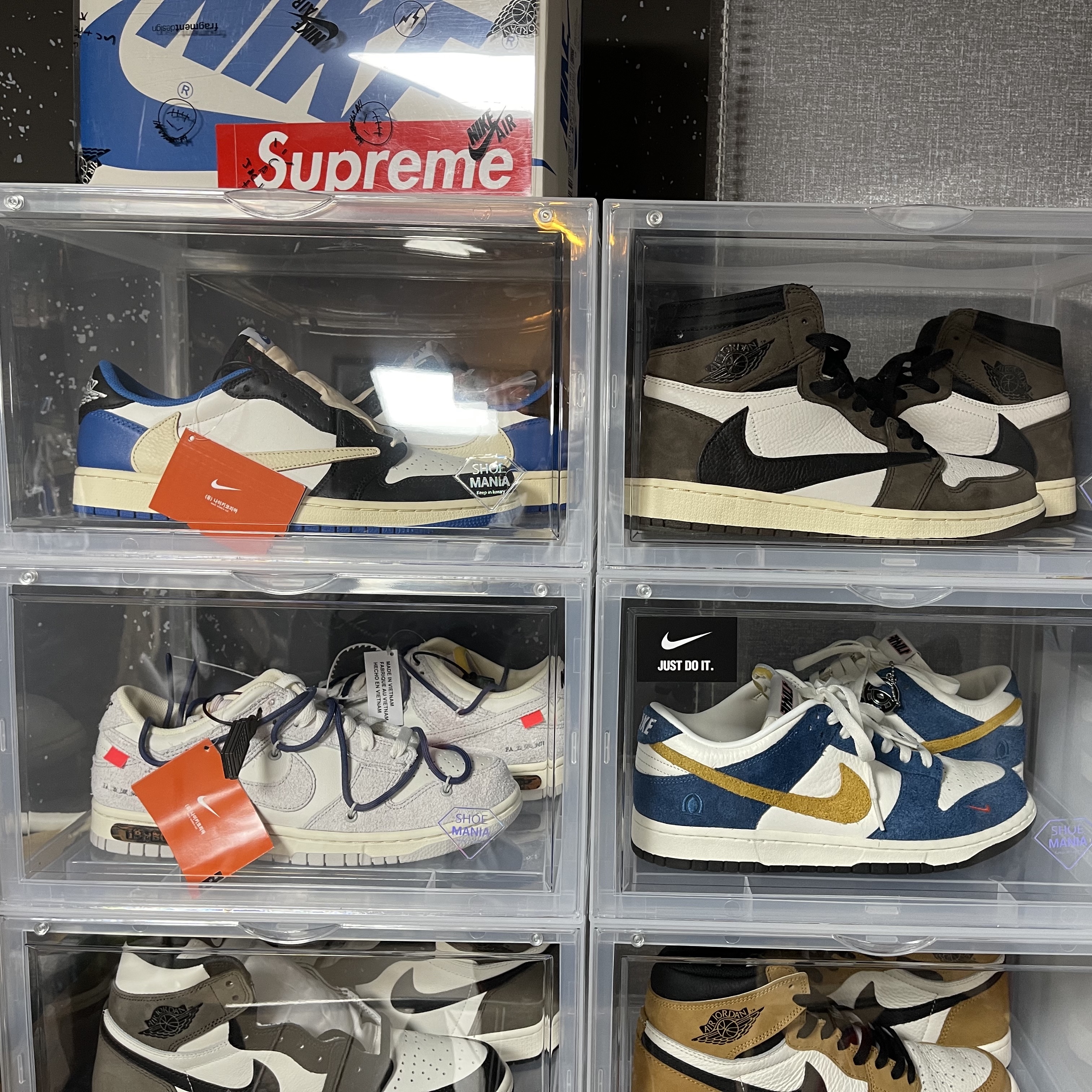 Jordan 1 x Travis Scott x Fragment Retro Low OG SP Military Blue, Jordan 1 x Travis Scott Retro High OG SP Mocha 착용 스타일