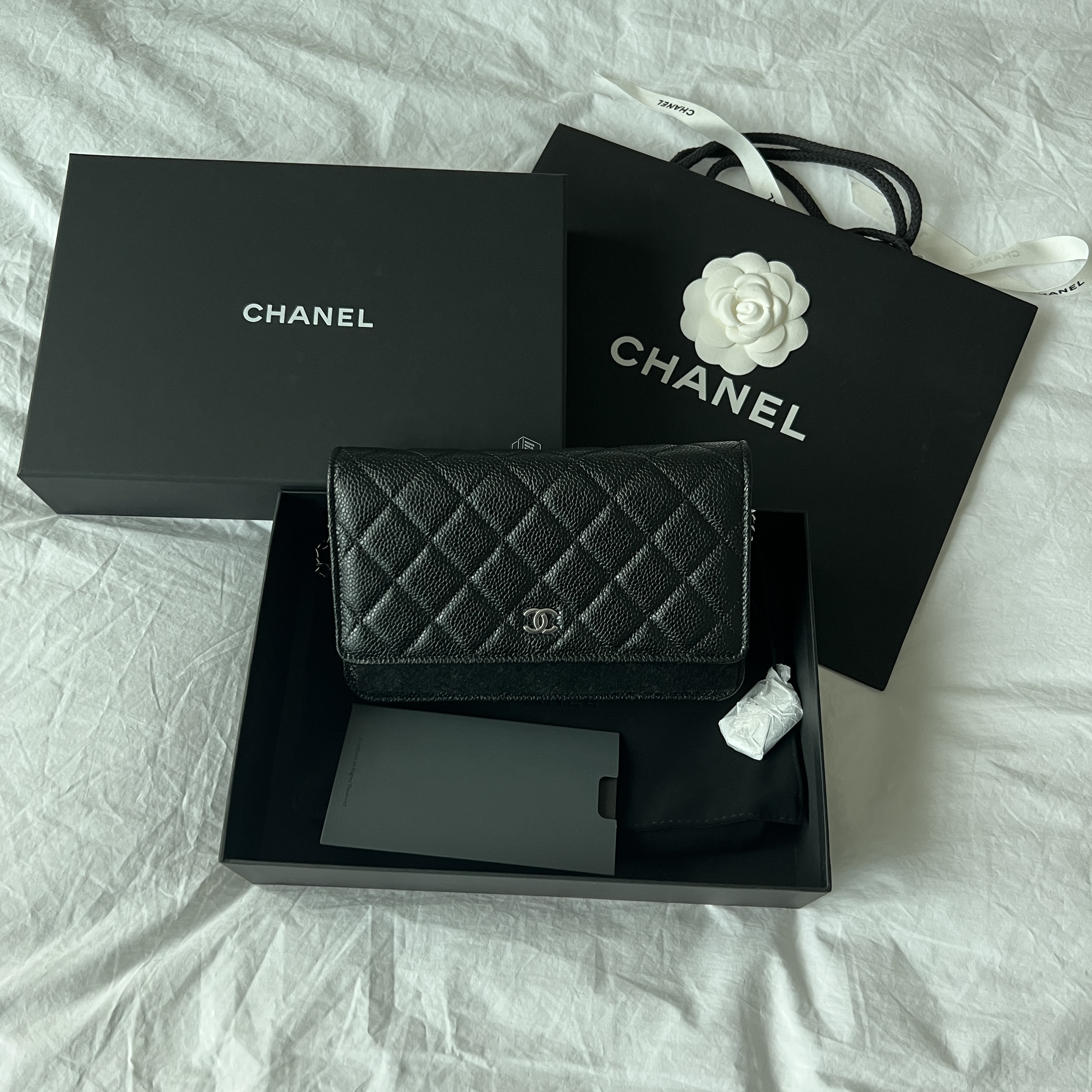 Chanel Classic Wallet On Chain Grained Calfskin & Silver Black 착용 스타일