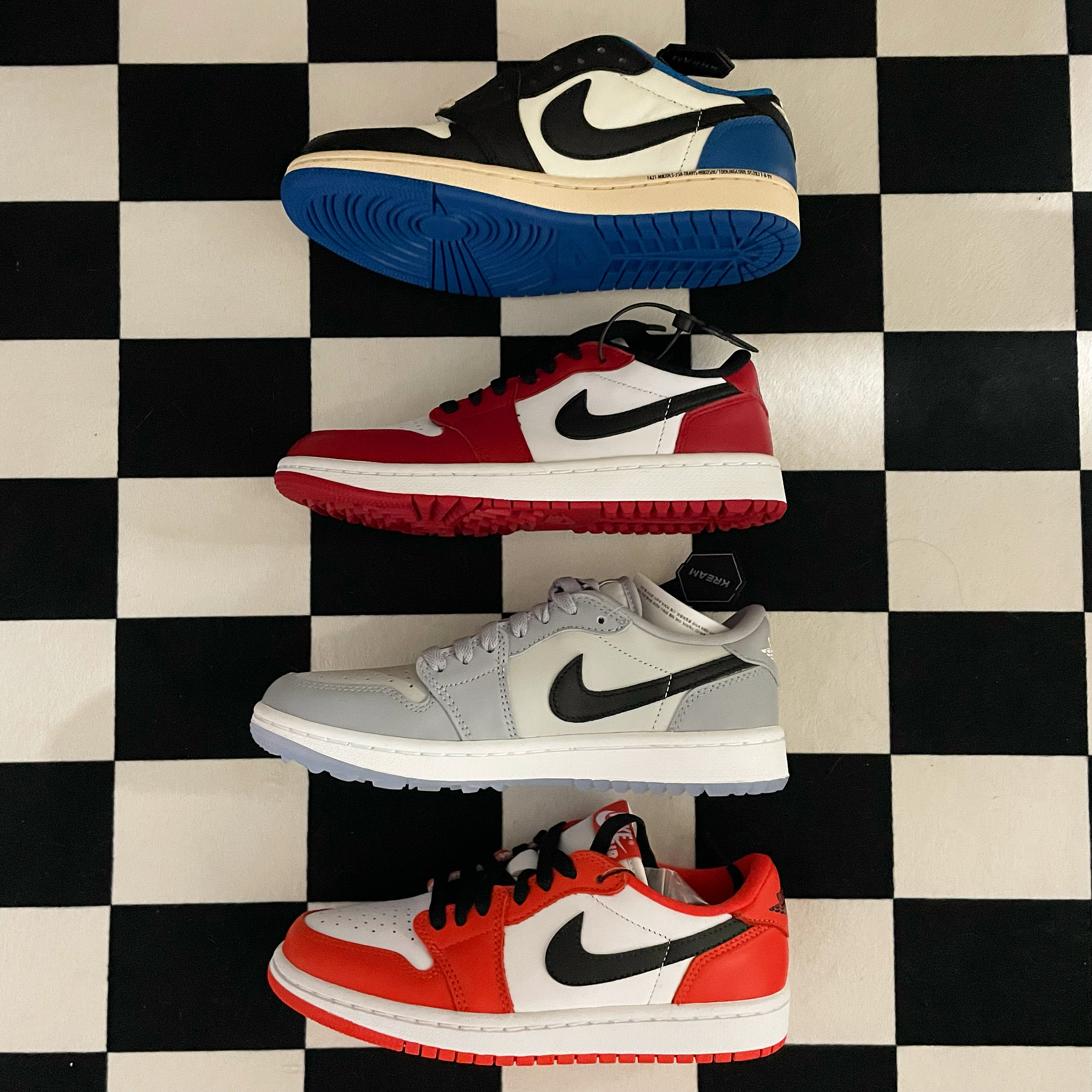 Jordan 1 x Travis Scott x Fragment Retro Low OG SP Military Blue, Jordan 1 Low Golf Chicago 착용 스타일