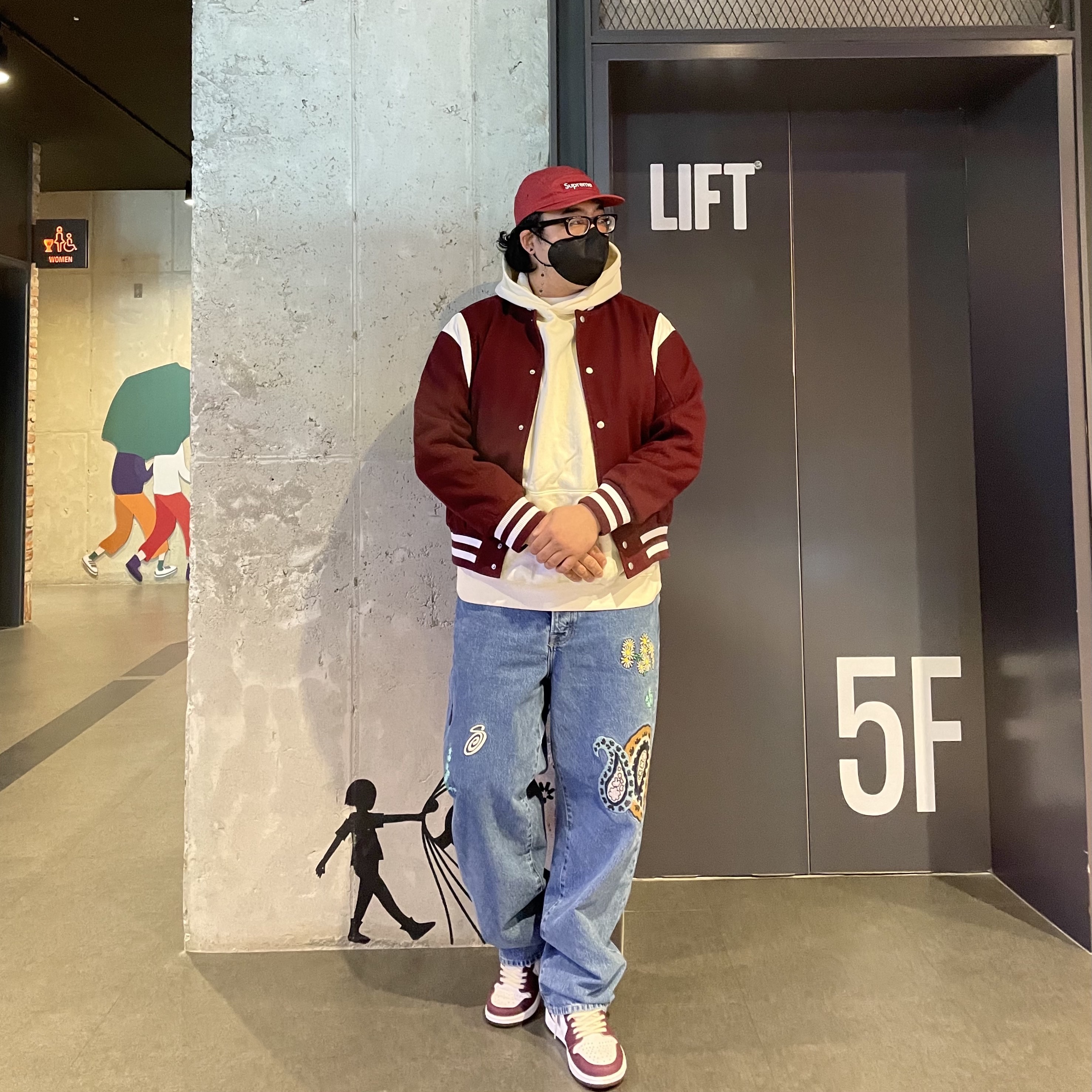 Stussy x Noma t.d. Big OL' Jean Stone Wash, Jordan 1 Retro High OG Bordeaux 착용 스타일 - 1
