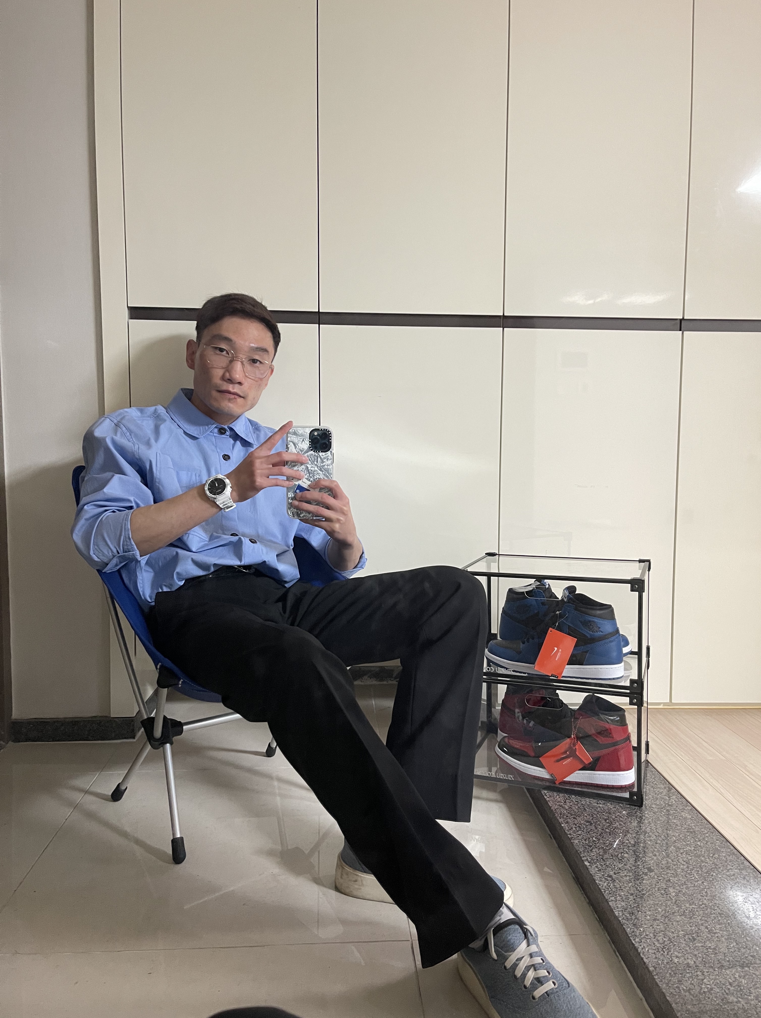 Zara x Ader Error Oversized Shirt Sky Blue, Helinox x Ader Error Chair One 착용 스타일